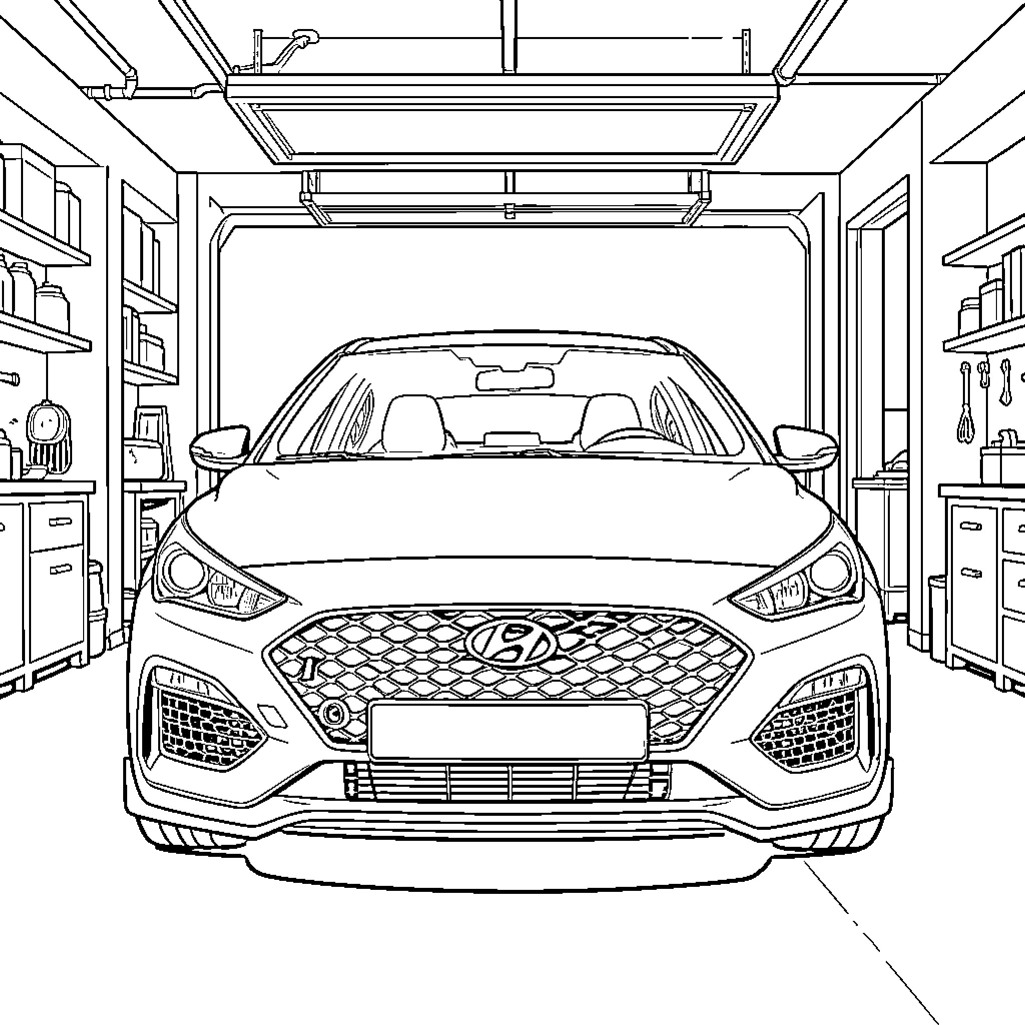 Hyundai i30 N in a car garage setting Coloring Page (free black-and-white line drawing printable PDF for all, from beginners to advanced learners, including children, teens, adults, and seniors)