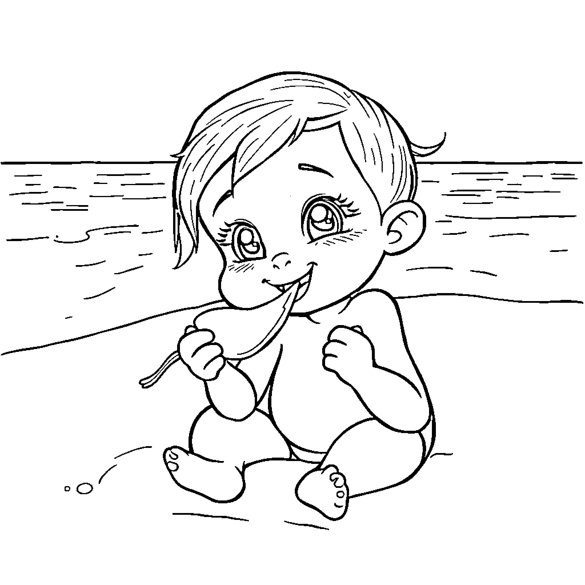 Girl playing happily on the beach Coloring Page (free black-and-white line drawing printable PDF for all, from beginners to advanced learners, including children, teens, adults, and seniors)