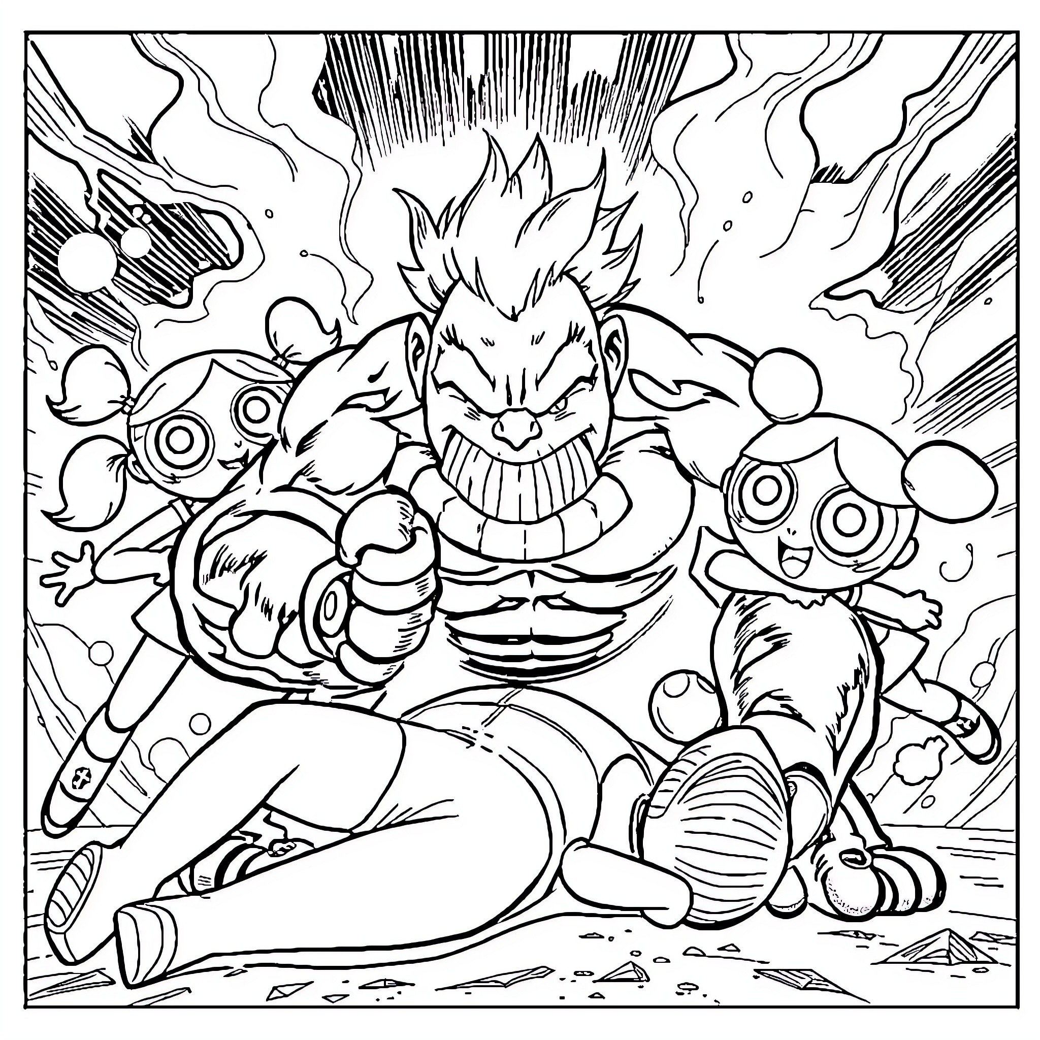 Krillan's Intense Battle with Powerful Foes Coloring Page (free black-and-white line drawing printable PDF for all, from beginners to advanced learners, including children, teens, adults, and seniors)