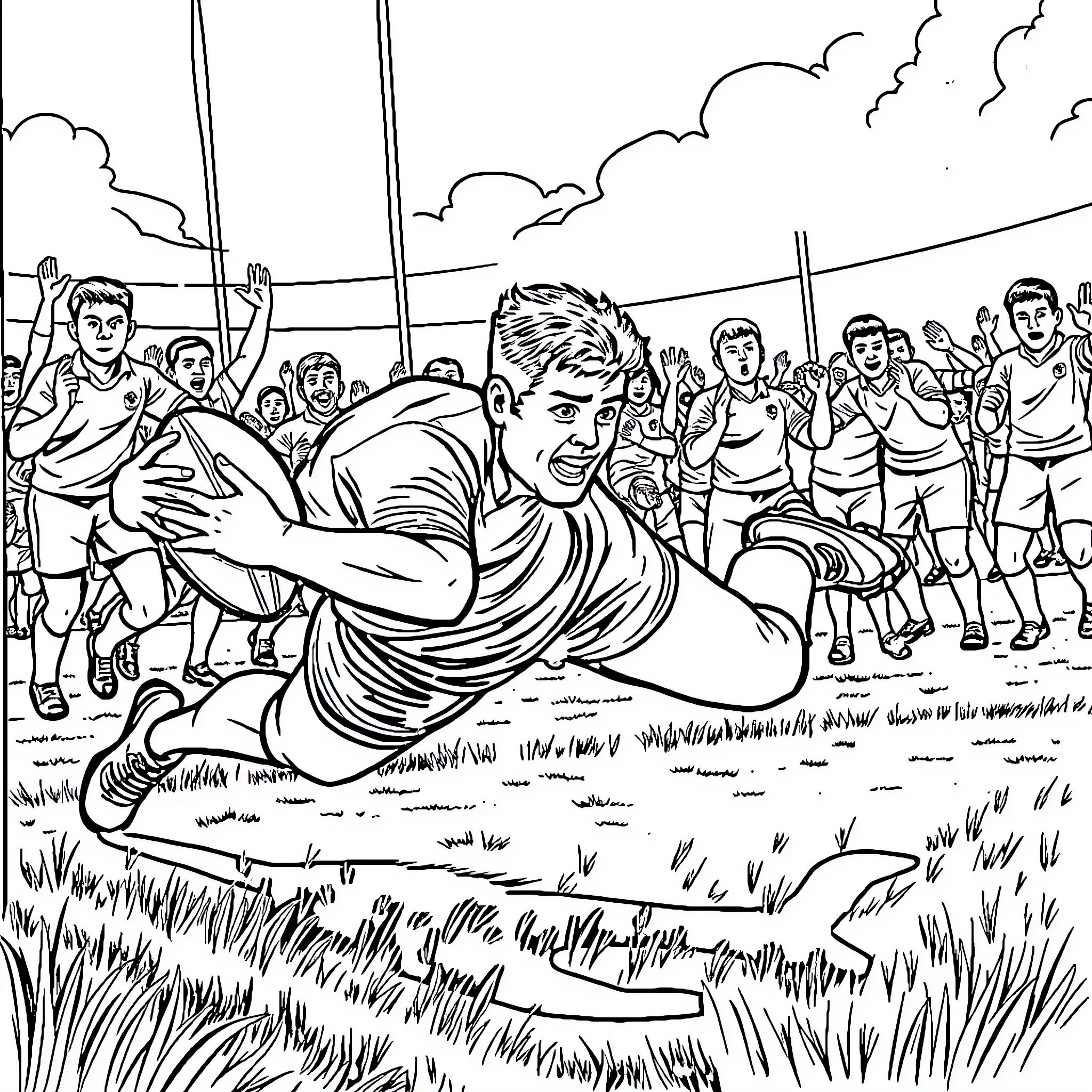 Rugby Player Tackling Opponent on Field with Teammates Coloring Page (free black-and-white line drawing printable PDF for all, from beginners to advanced learners, including children, teens, adults, and seniors)