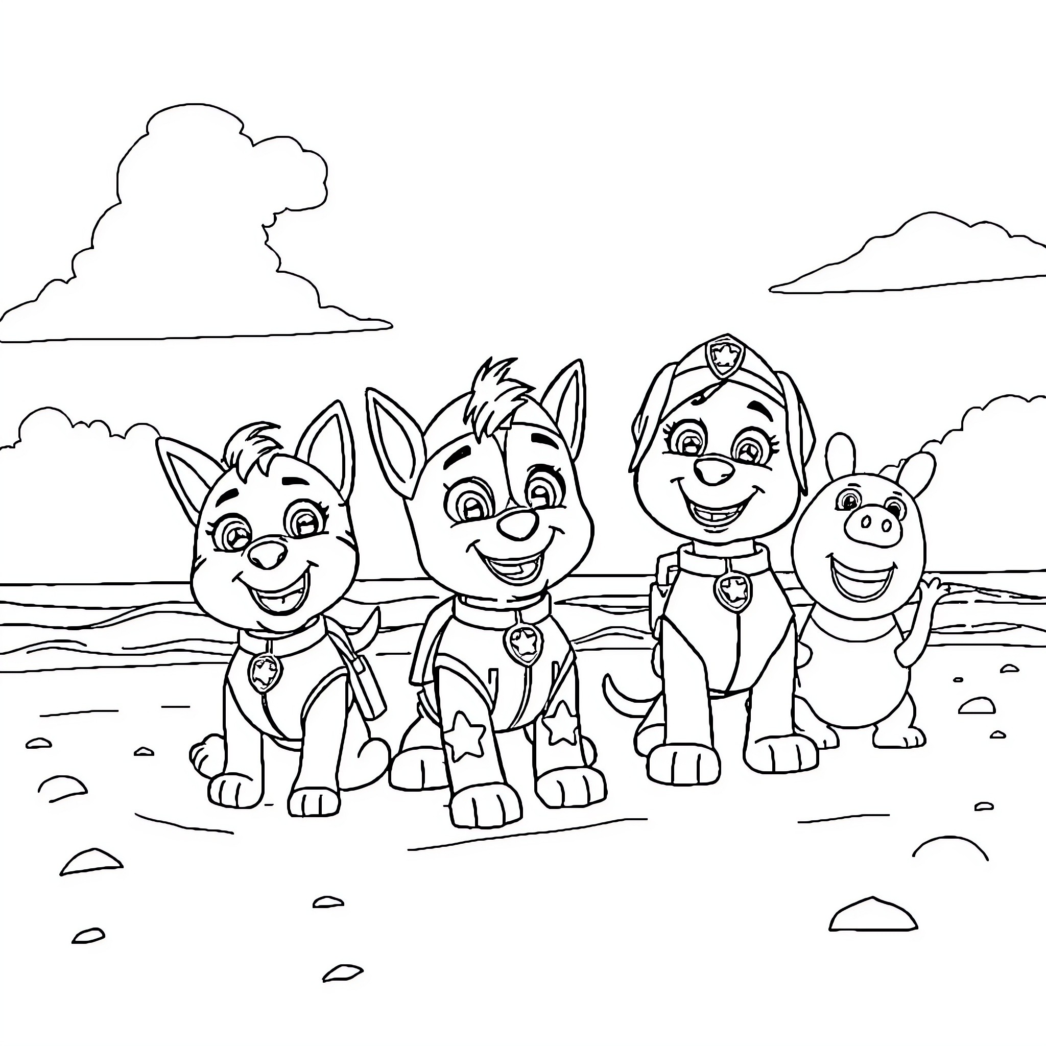 Character Group Enjoying Outdoor Adventure Coloring Page (free black-and-white line drawing printable PDF for all, from beginners to advanced learners, including children, teens, adults, and seniors)
