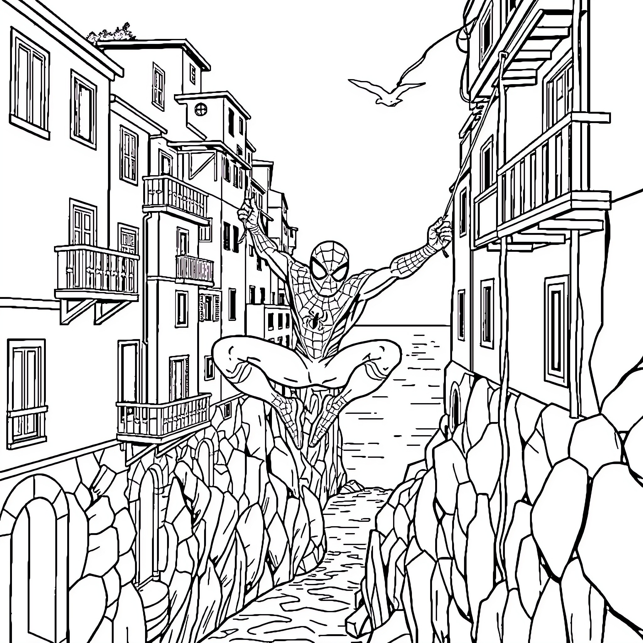 Spiderman swinging through the city streets Coloring Page (free black-and-white line drawing printable PDF for all, from beginners to advanced learners, including children, teens, adults, and seniors)