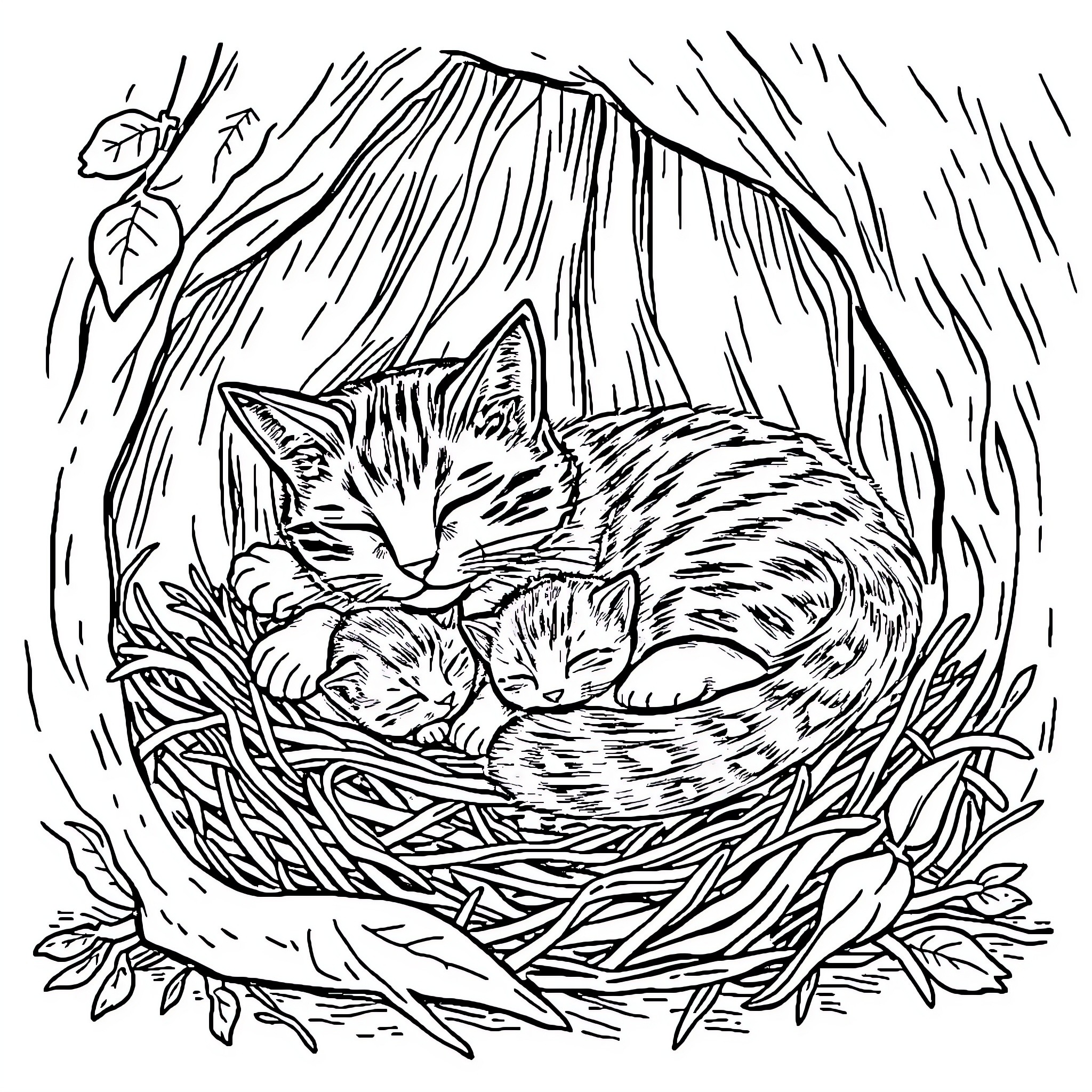 Cat cozy in nest with kittens Coloring Page (free black-and-white line drawing printable PDF for all, from beginners to advanced learners, including children, teens, adults, and seniors)