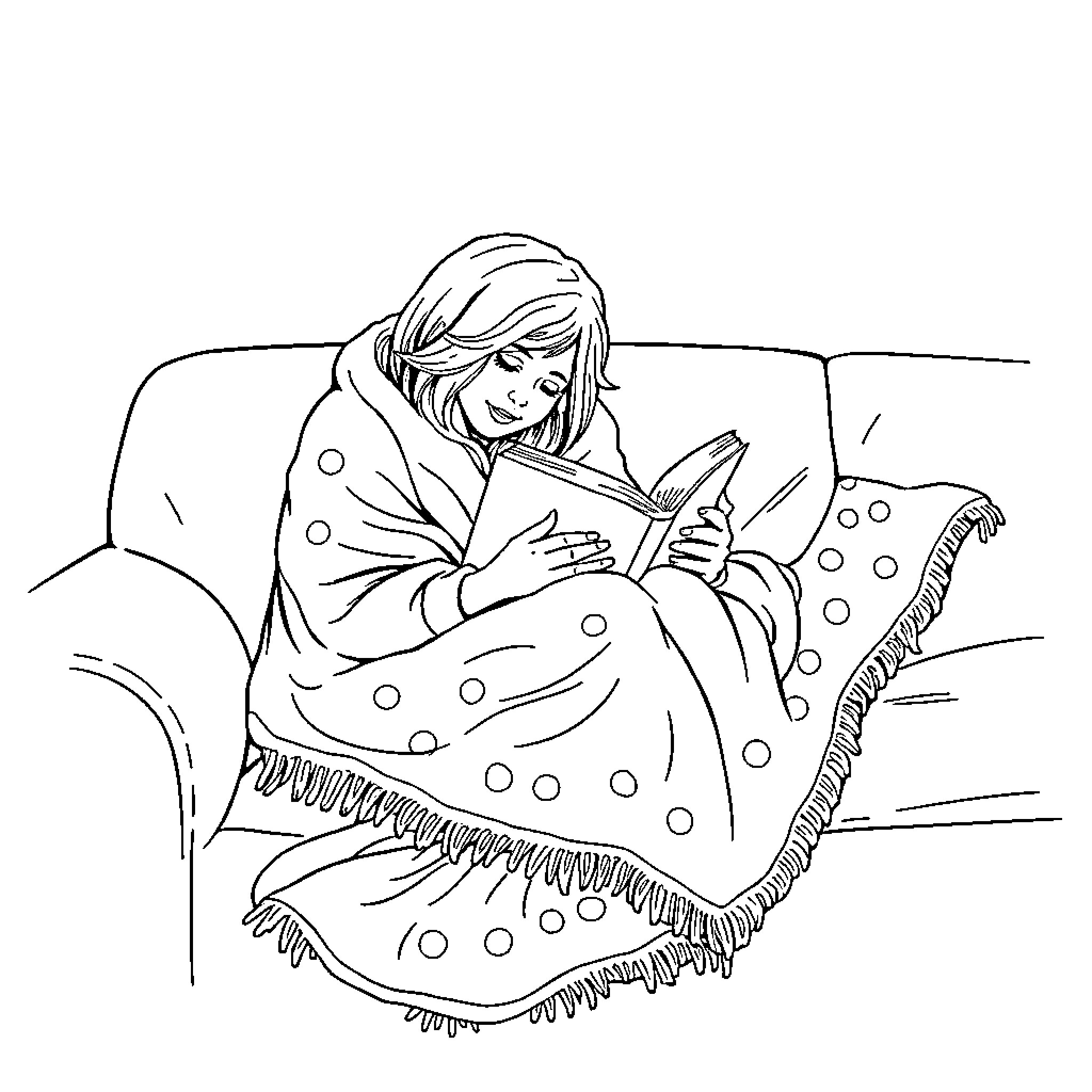 Cocooning with a good book on the couch Coloring Page (free black-and-white line drawing printable PDF for all, from beginners to advanced learners, including children, teens, adults, and seniors)