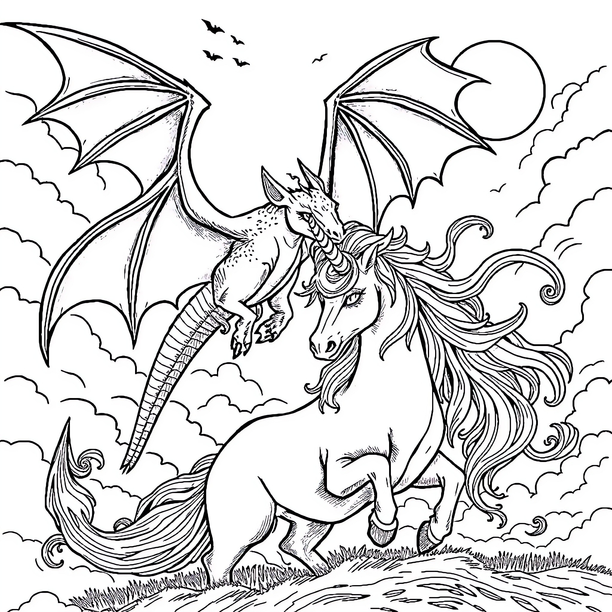 Bat Dragon soaring through the night sky Coloring Page (free black-and-white line drawing printable PDF for all, from beginners to advanced learners, including children, teens, adults, and seniors)
