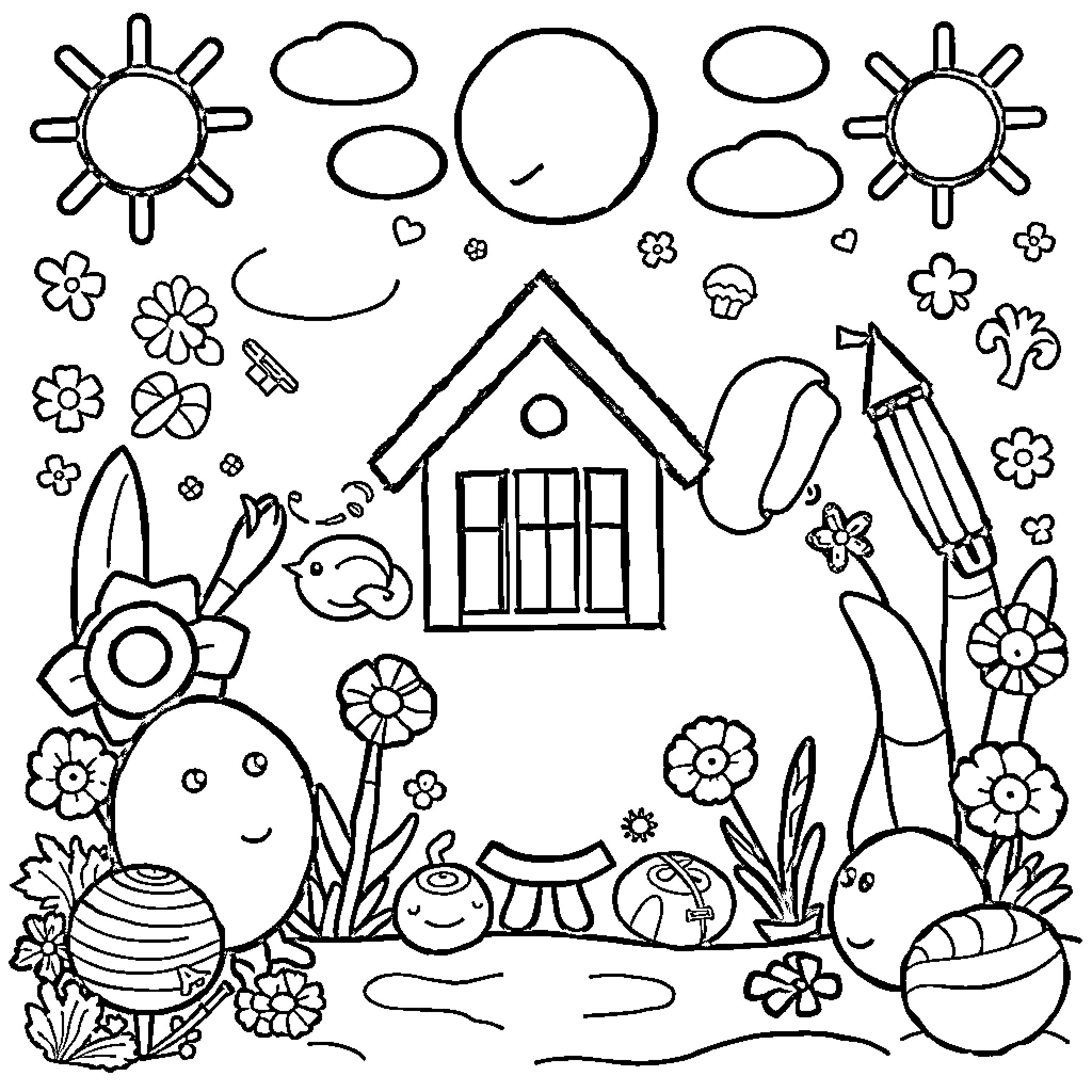 Worksheet with Playful Garden Scenes Coloring Page (free black-and-white line drawing printable PDF for all, from beginners to advanced learners, including children, teens, adults, and seniors)