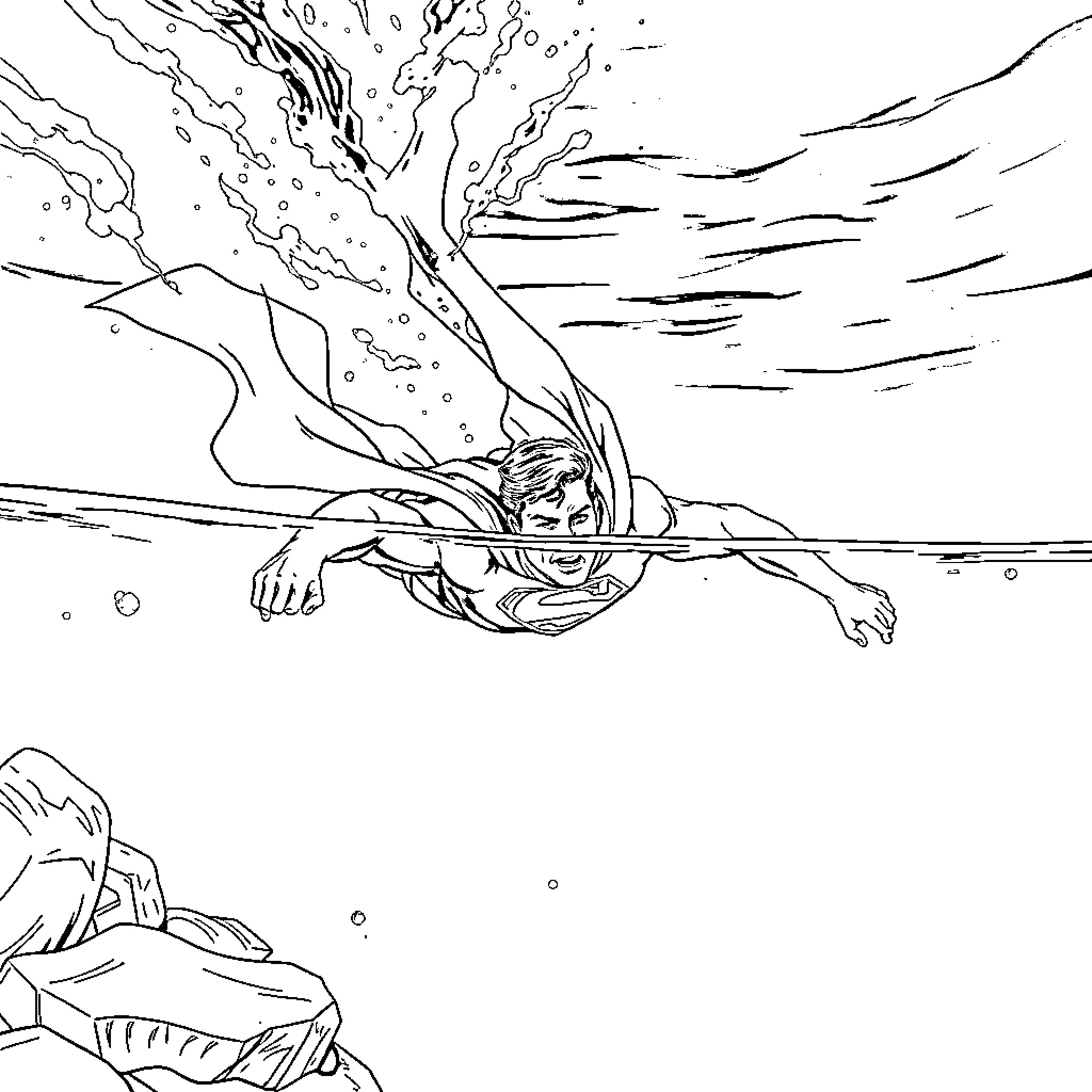 Superman diving powerfully through the turbulent waters Coloring Page (free black-and-white line drawing printable PDF for all, from beginners to advanced learners, including children, teens, adults, and seniors)