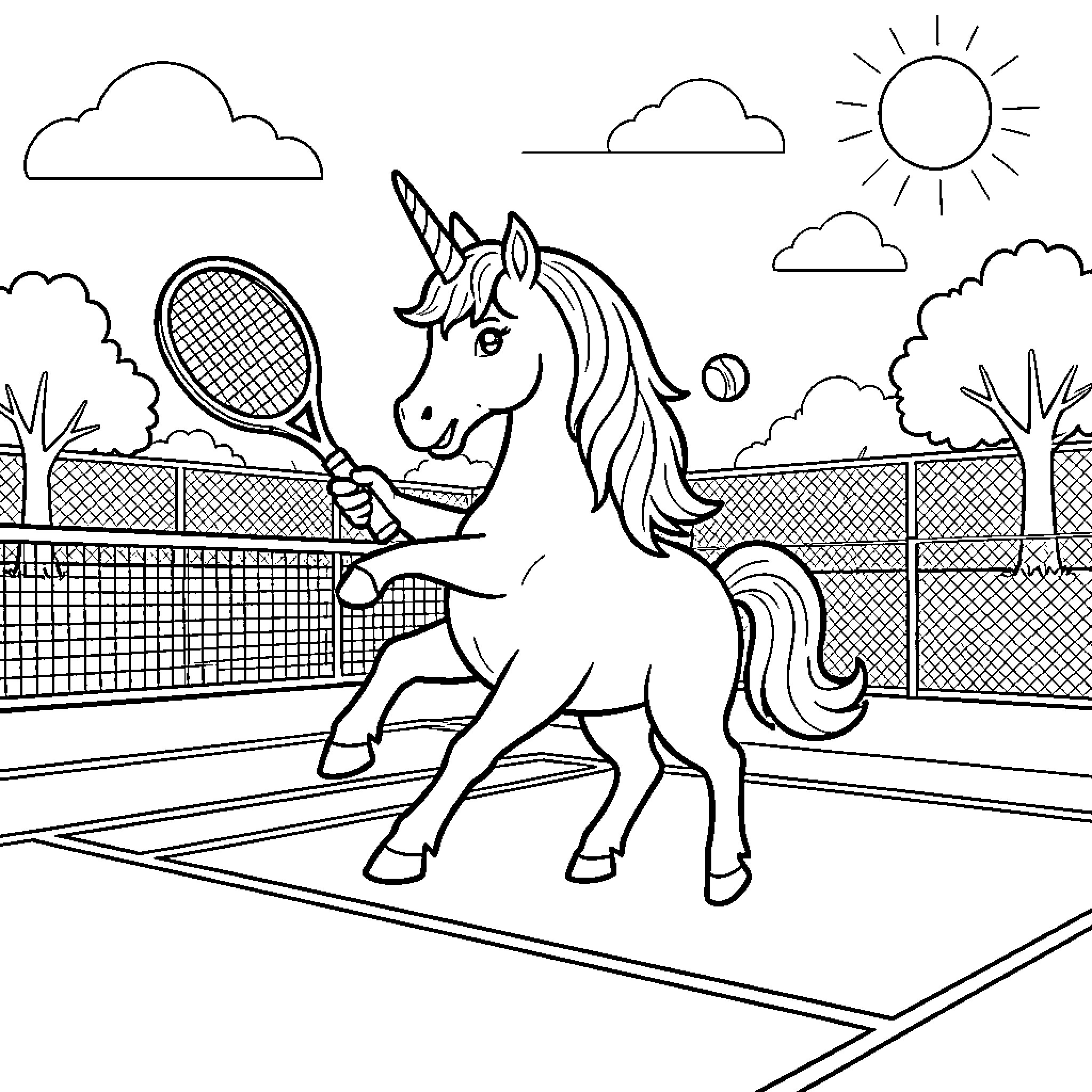Unicorn playing tennis on a sunny court Coloring Page (free black-and-white line drawing printable PDF for all, from beginners to advanced learners, including children, teens, adults, and seniors)