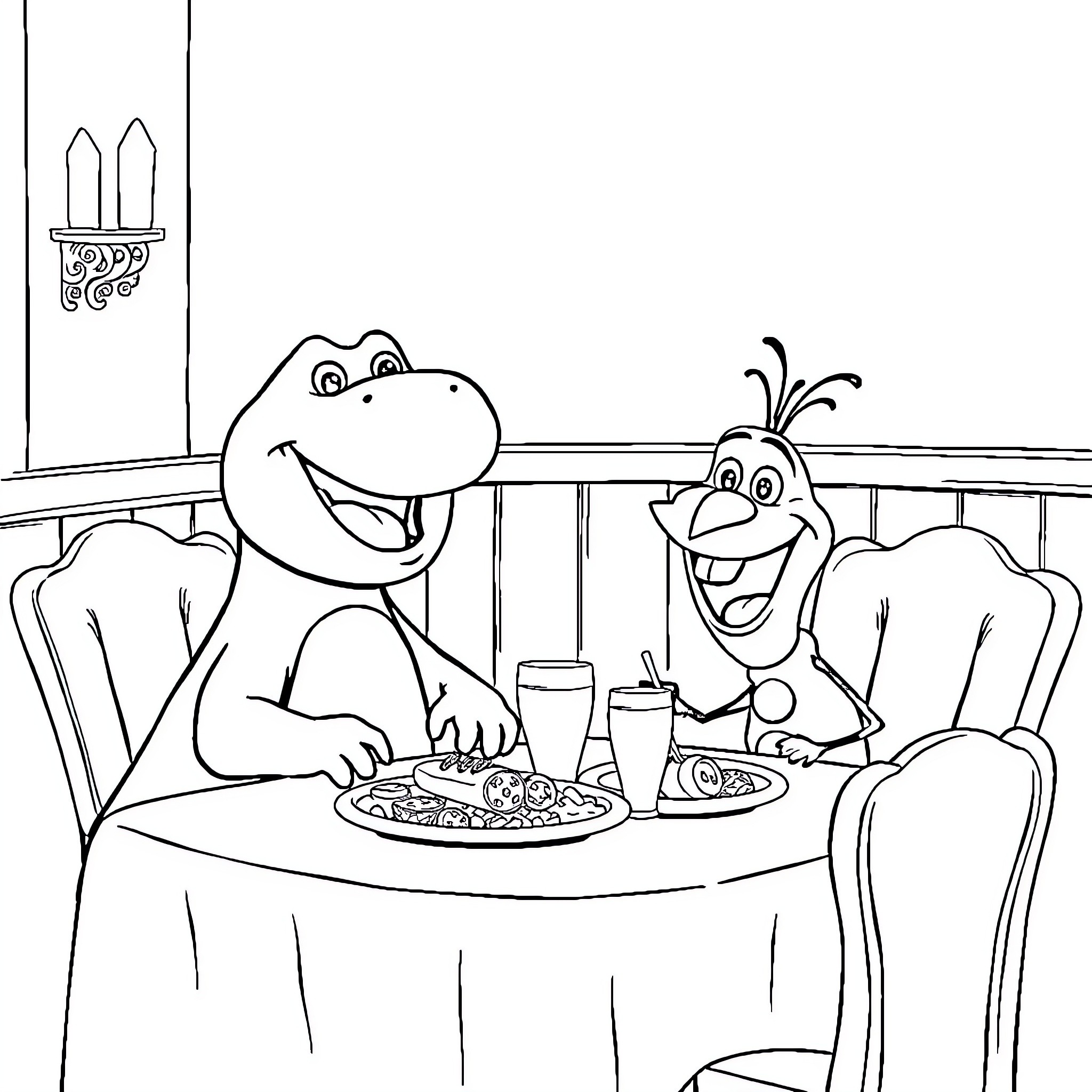 Barney and Olaf enjoying a meal together Coloring Page (free black-and-white line drawing printable PDF for all, from beginners to advanced learners, including children, teens, adults, and seniors)