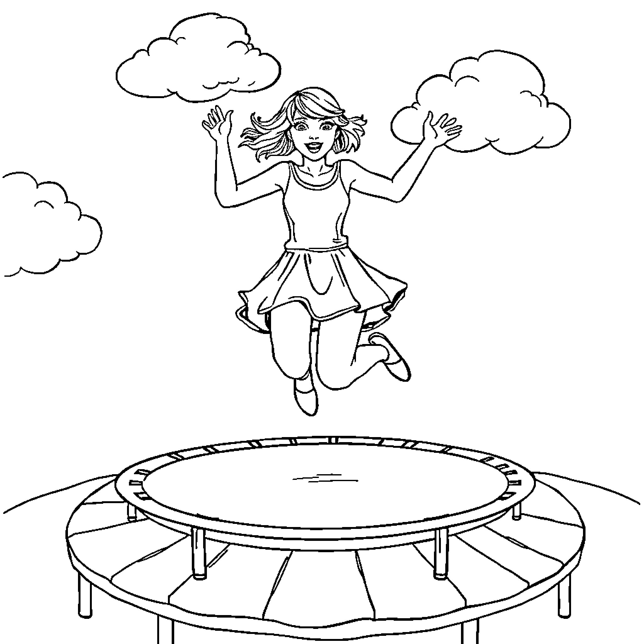 Taylor Swift enjoying a trampoline in the park Coloring Page (free black-and-white line drawing printable PDF for all, from beginners to advanced learners, including children, teens, adults, and seniors)
