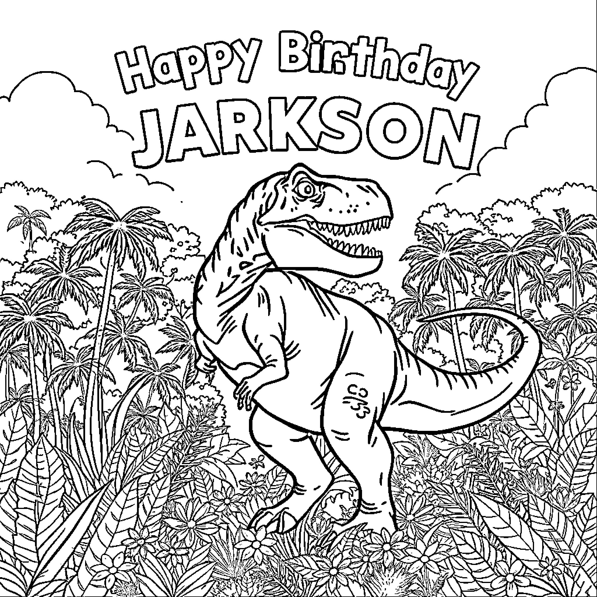 Tyrannosaurus Rex Celebrates Jarkson's Birthday in the Jungle Coloring Page (free black-and-white line drawing printable PDF for all, from beginners to advanced learners, including children, teens, adults, and seniors)