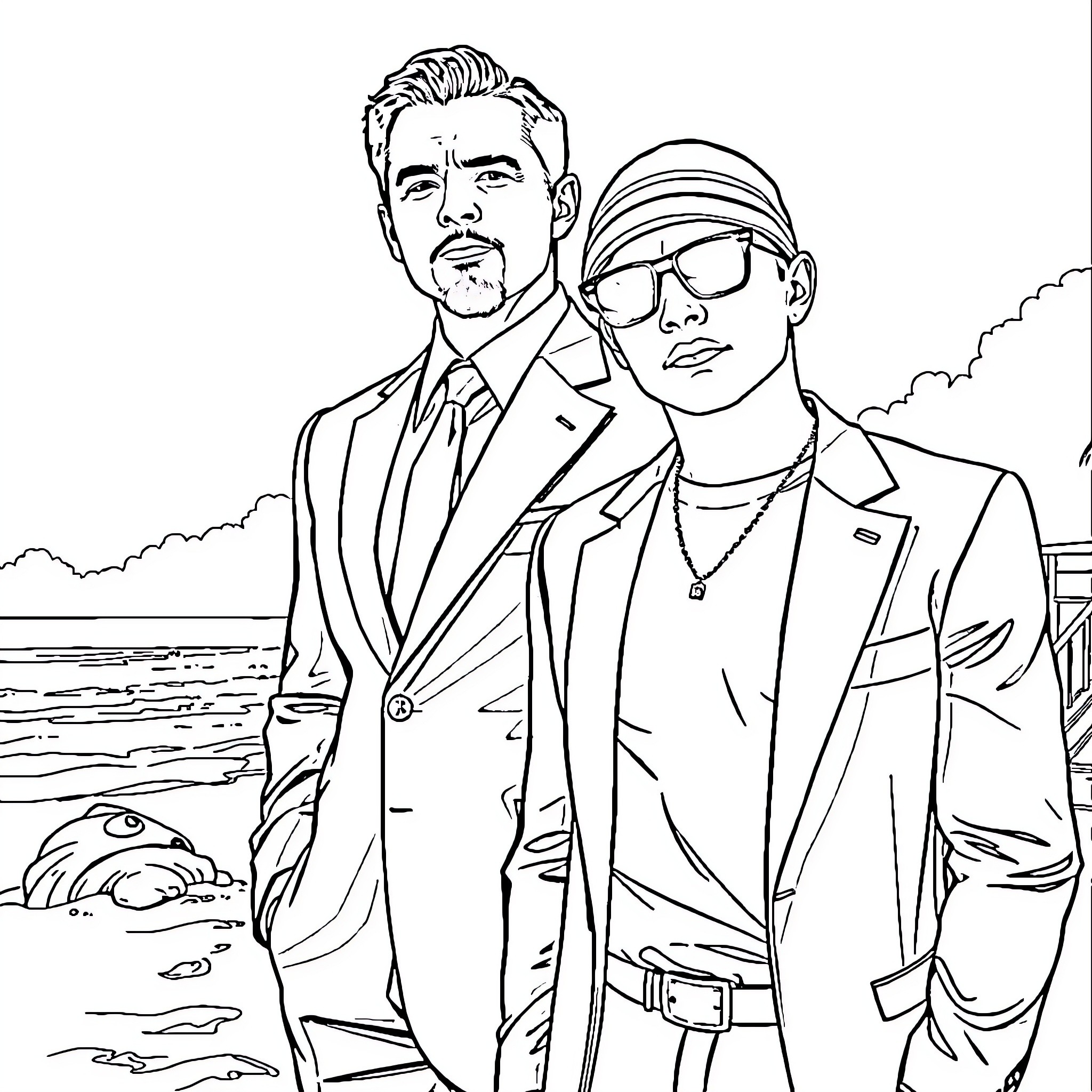 Leonardo DiCaprio and co-star in formal attire by the ocean Coloring Page (free black-and-white line drawing printable PDF for all, from beginners to advanced learners, including children, teens, adults, and seniors)