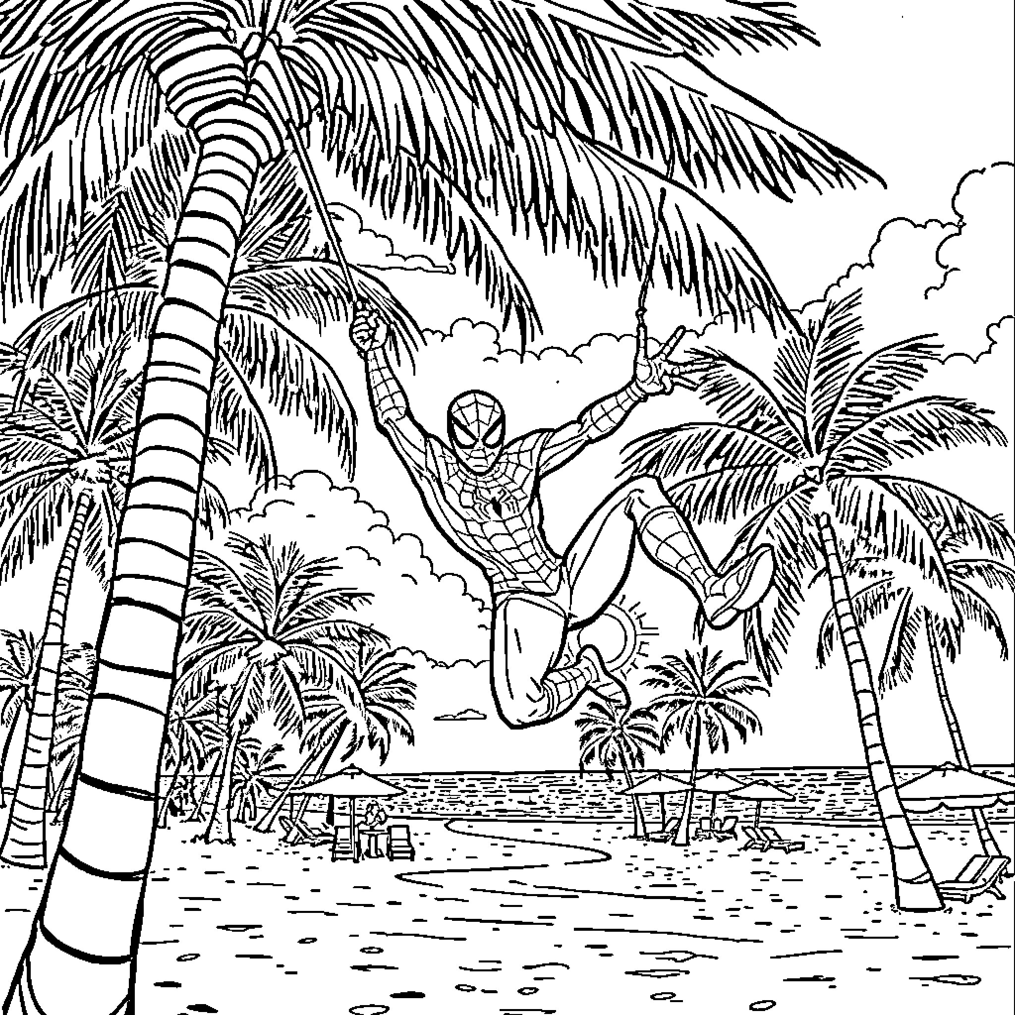 Spiderman swinging through tropical paradise Coloring Page (free black-and-white line drawing printable PDF for all, from beginners to advanced learners, including children, teens, adults, and seniors)