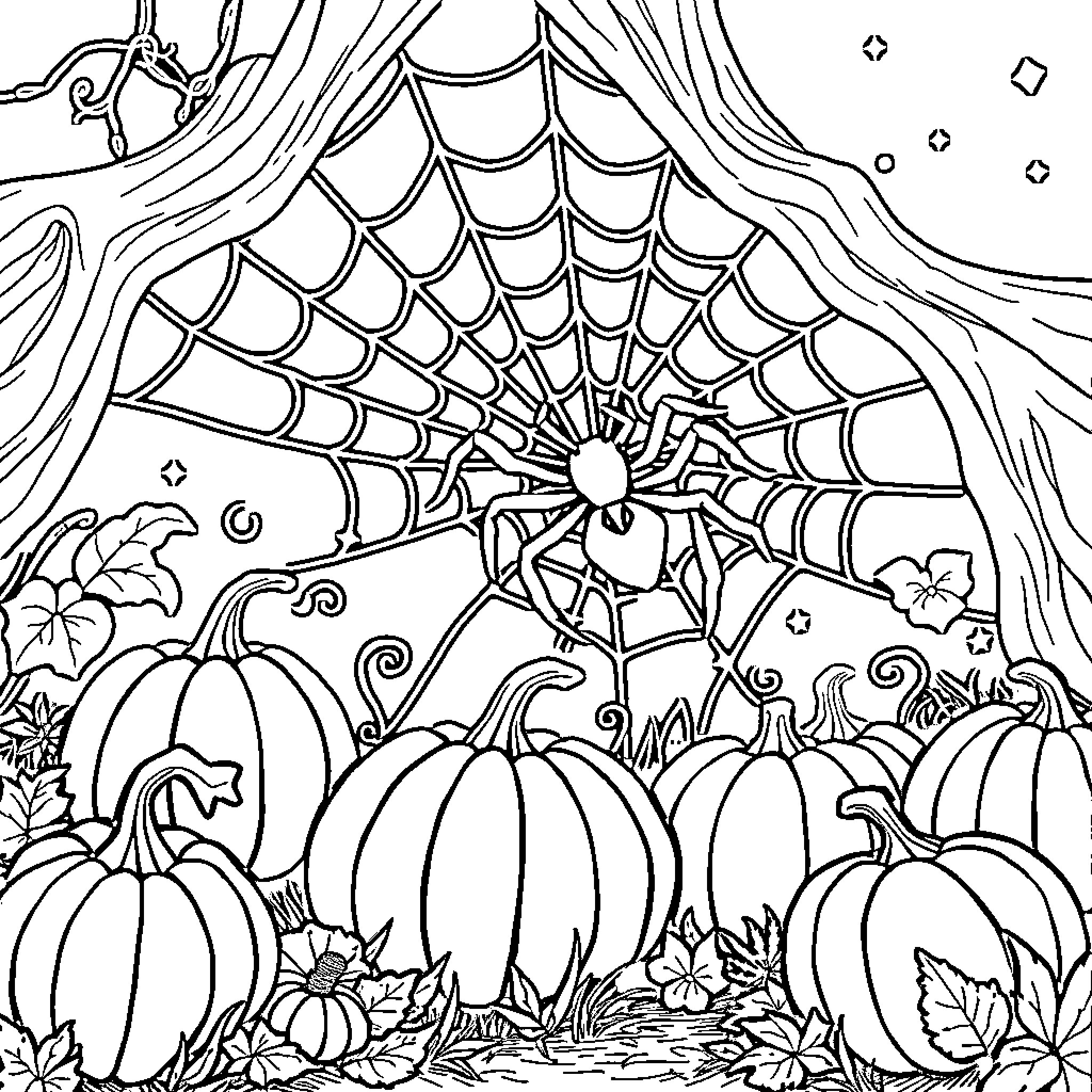 Pumpkin Patch with Spooky Spider Web Coloring Page (free black-and-white line drawing printable PDF for all, from beginners to advanced learners, including children, teens, adults, and seniors)