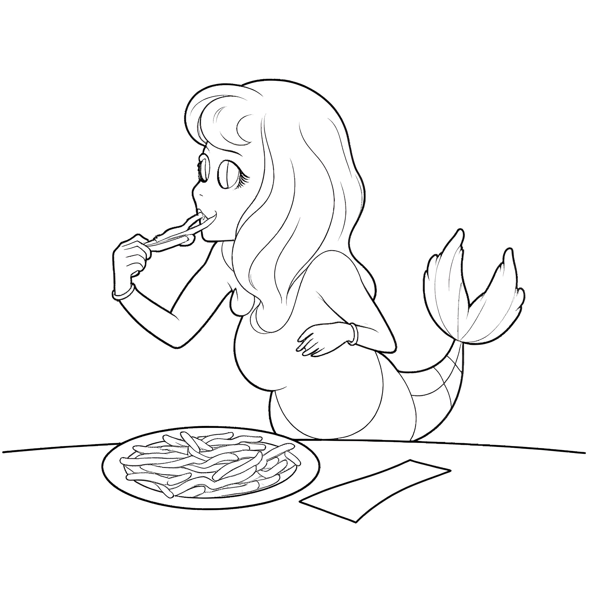 Mermaid enjoying a pizza meal Coloring Page (free black-and-white line drawing printable PDF for all, from beginners to advanced learners, including children, teens, adults, and seniors)