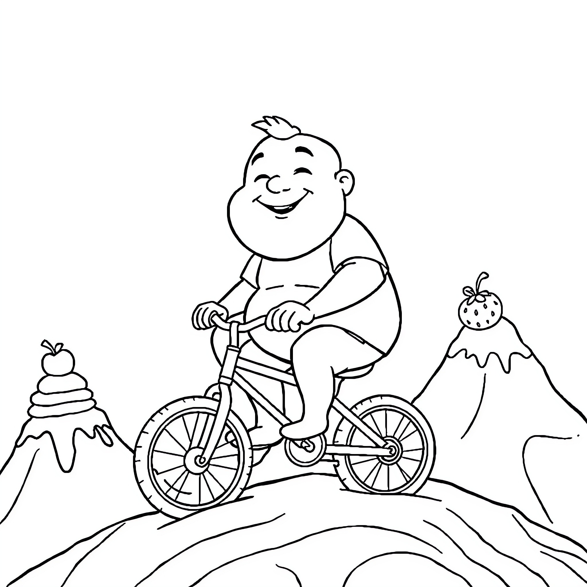 Man riding bicycle on hilly terrain Coloring Page (free black-and-white line drawing printable PDF for all, from beginners to advanced learners, including children, teens, adults, and seniors)