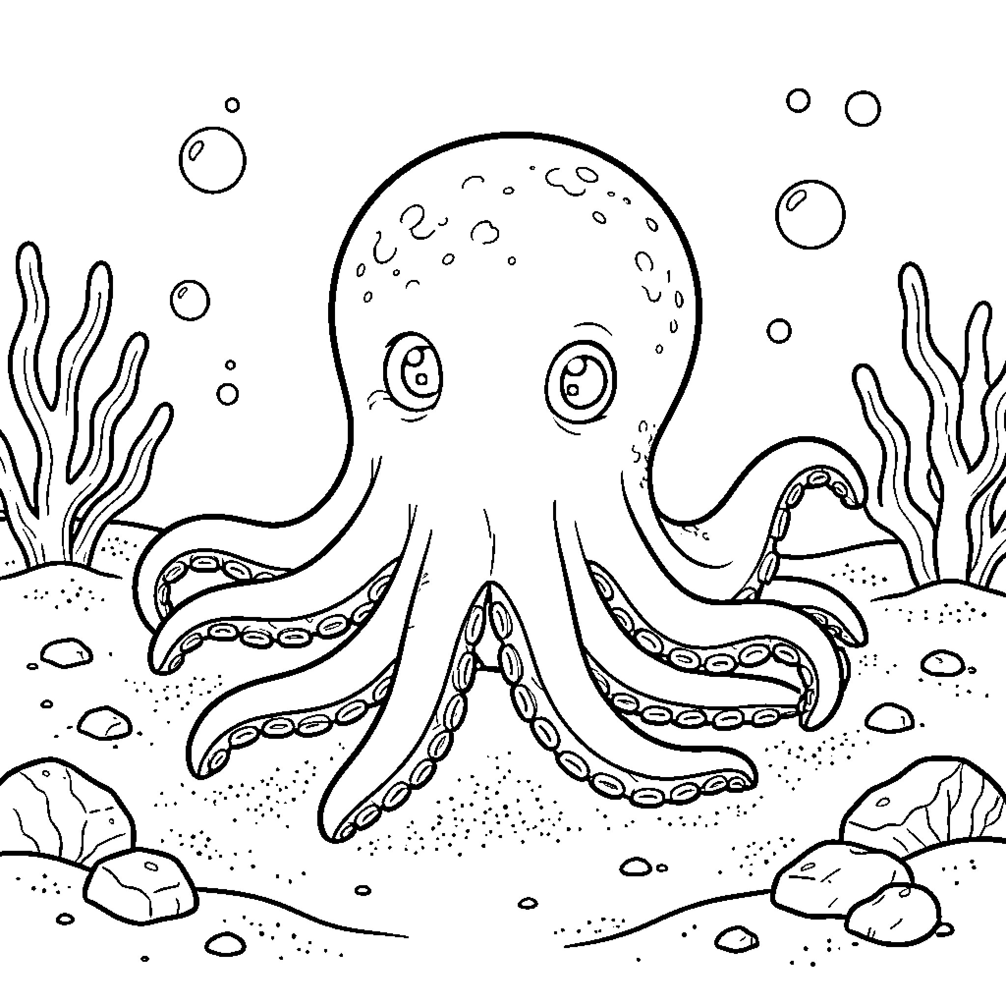 Dumbo Octopus swimming peacefully among underwater seaweed Coloring Page (free black-and-white line drawing printable PDF for all, from beginners to advanced learners, including children, teens, adults, and seniors)