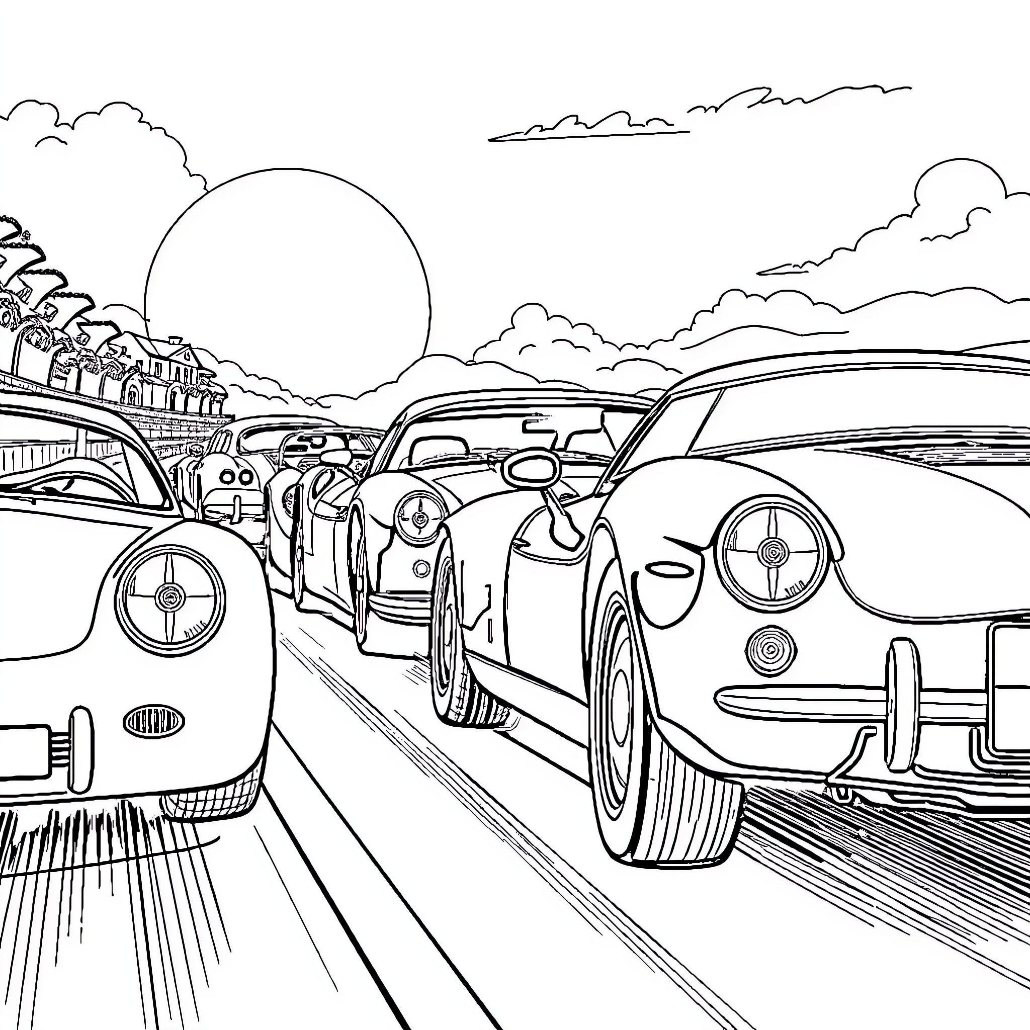 Race Car Drivers Speeding Through Scenic Landscape Coloring Page (free black-and-white line drawing printable PDF for all, from beginners to advanced learners, including children, teens, adults, and seniors)