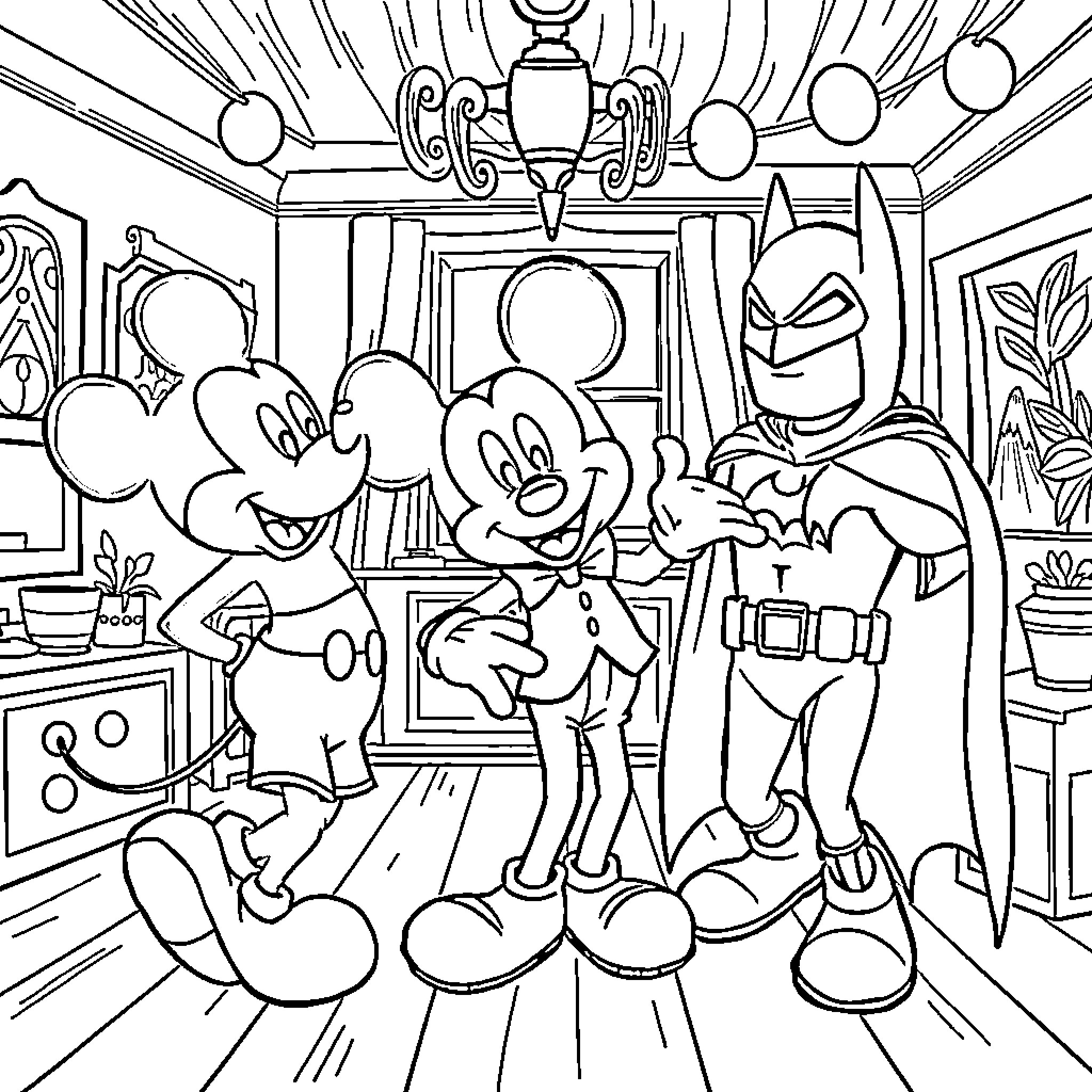 Mickey and Friends in a Lively Adventure Coloring Page (free black-and-white line drawing printable PDF for all, from beginners to advanced learners, including children, teens, adults, and seniors)