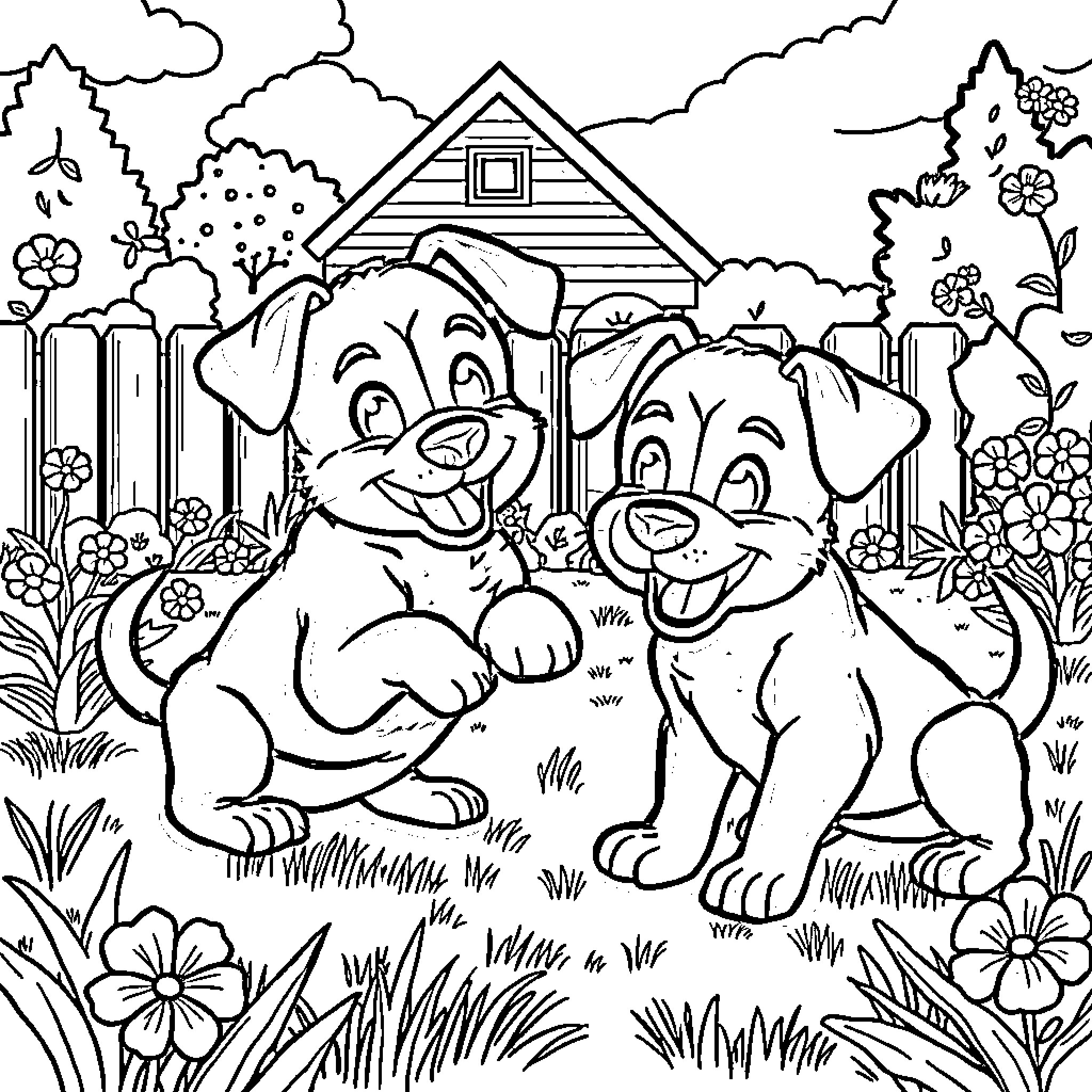 Bluey's Playful Pups in the Peaceful Garden Coloring Page (free black-and-white line drawing printable PDF for all, from beginners to advanced learners, including children, teens, adults, and seniors)