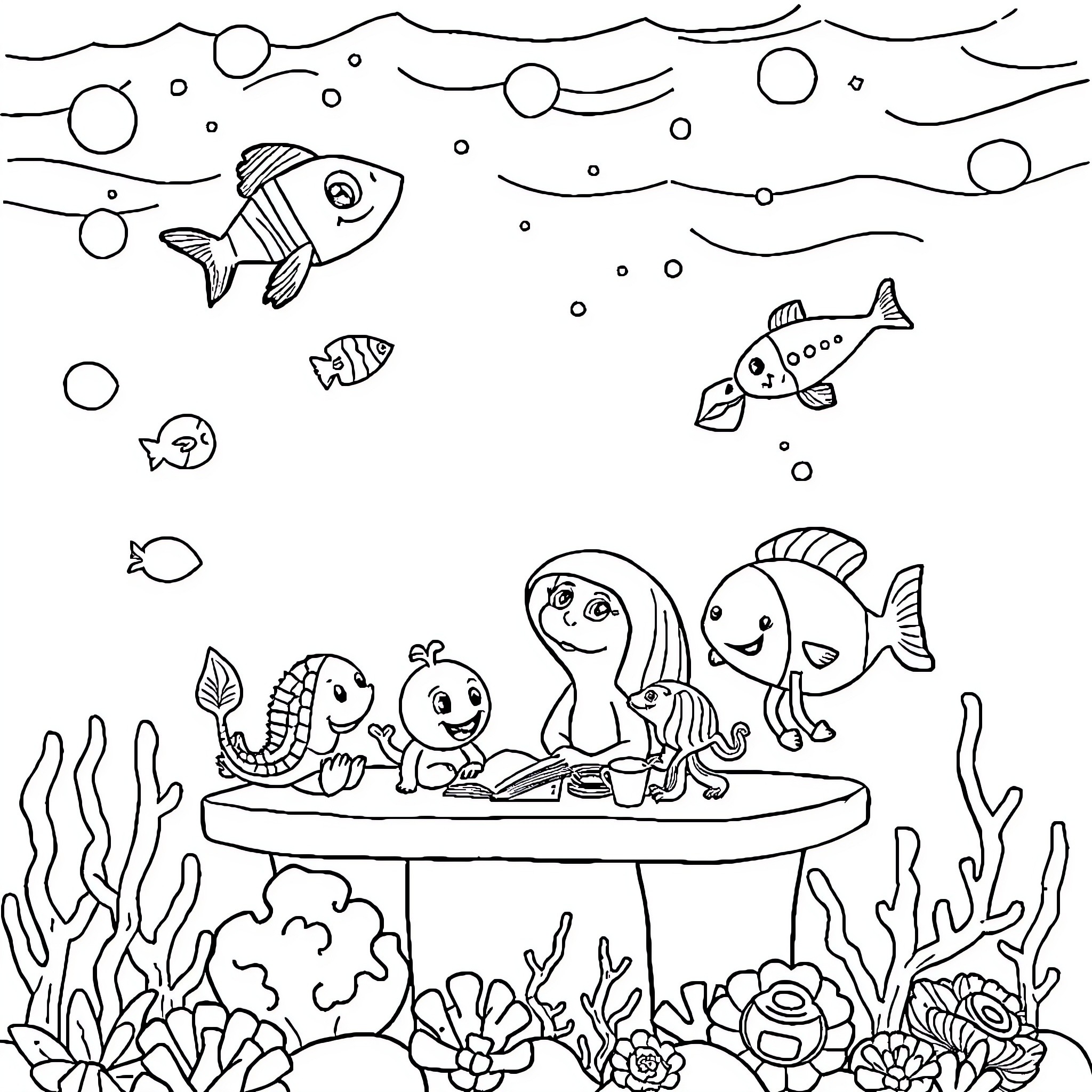 School kids coloring cute fish and underwater scene Coloring Page (free black-and-white line drawing printable PDF for all, from beginners to advanced learners, including children, teens, adults, and seniors)