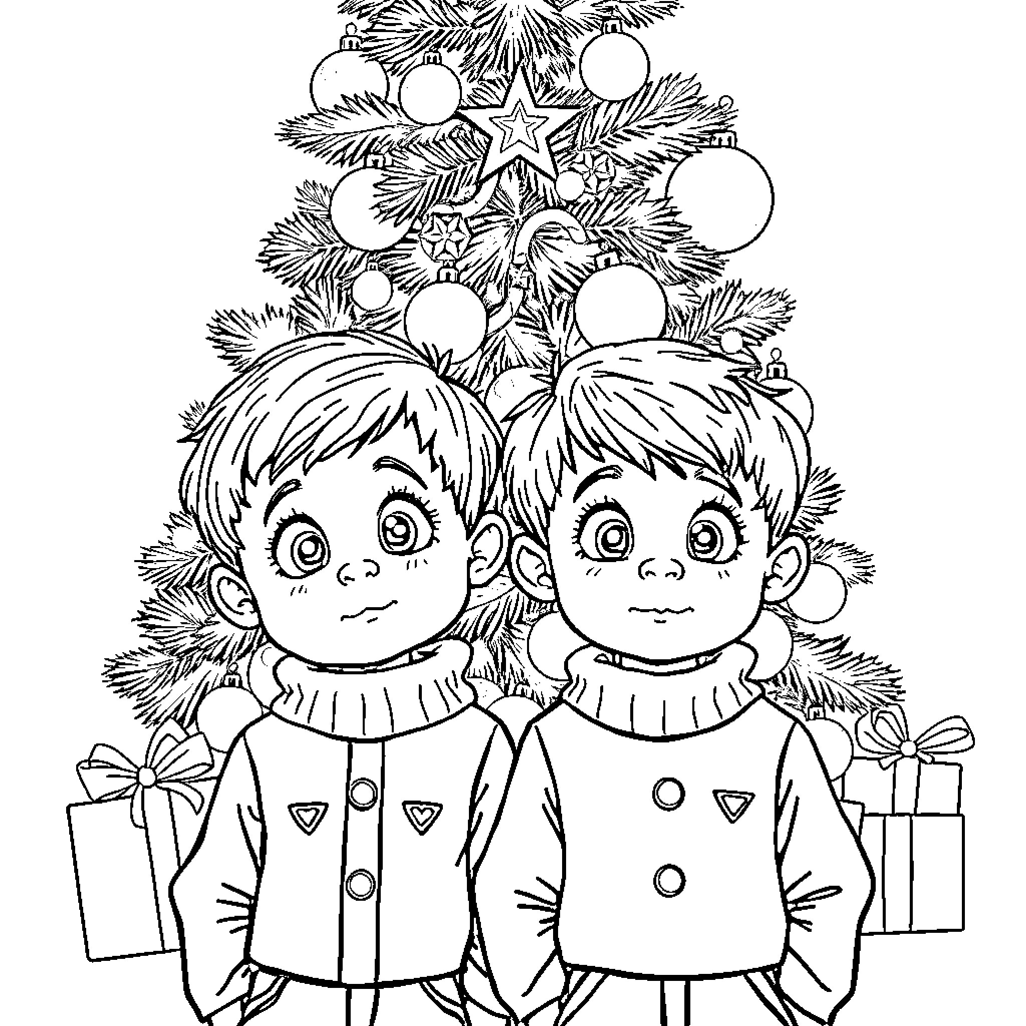 Boy and girl stand together by decorated Christmas tree Coloring Page (free black-and-white line drawing printable PDF for all, from beginners to advanced learners, including children, teens, adults, and seniors)