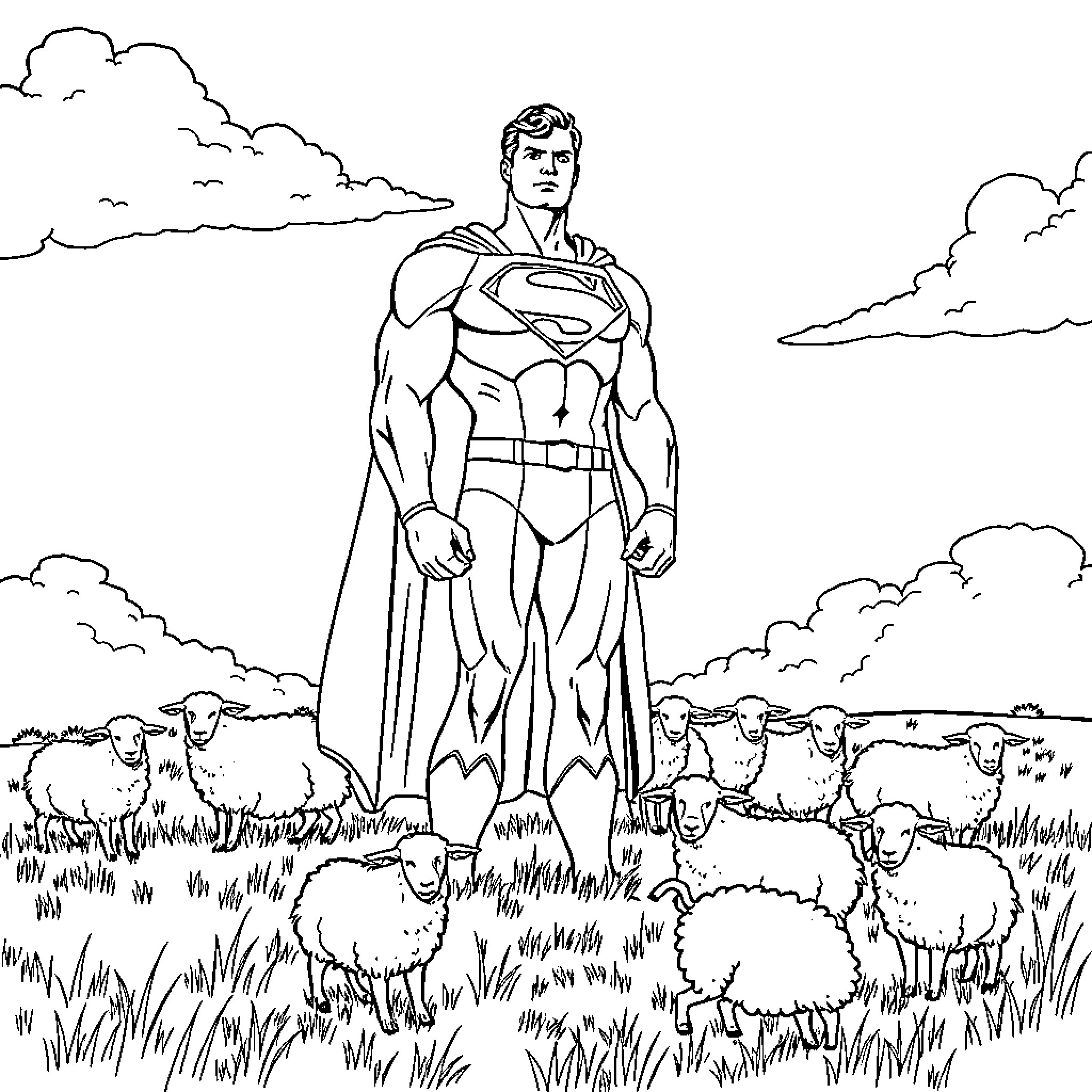 Superman stands heroically among grazing sheep Coloring Page (free black-and-white line drawing printable PDF for all, from beginners to advanced learners, including children, teens, adults, and seniors)