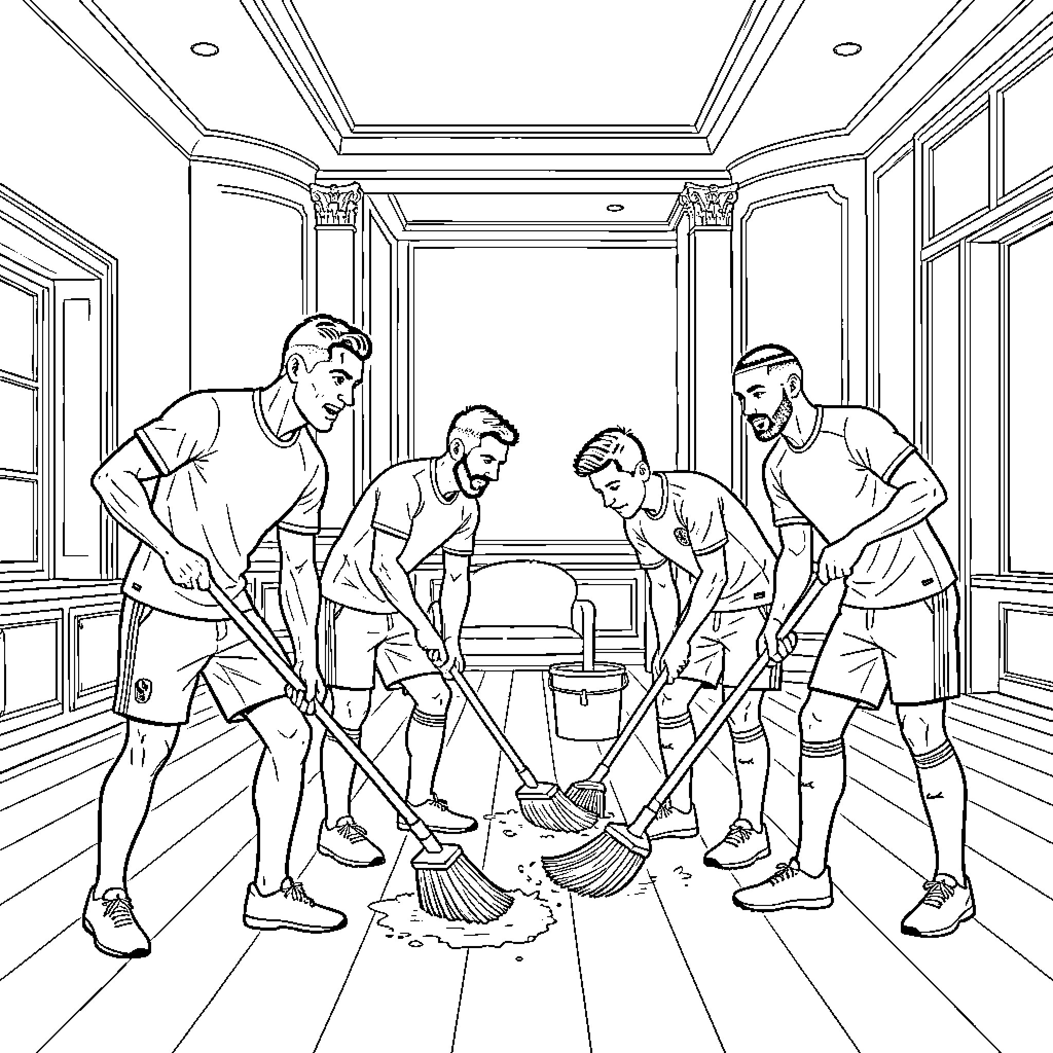 Soccer Player teammates sweeping a room together Coloring Page (free black-and-white line drawing printable PDF for all, from beginners to advanced learners, including children, teens, adults, and seniors)