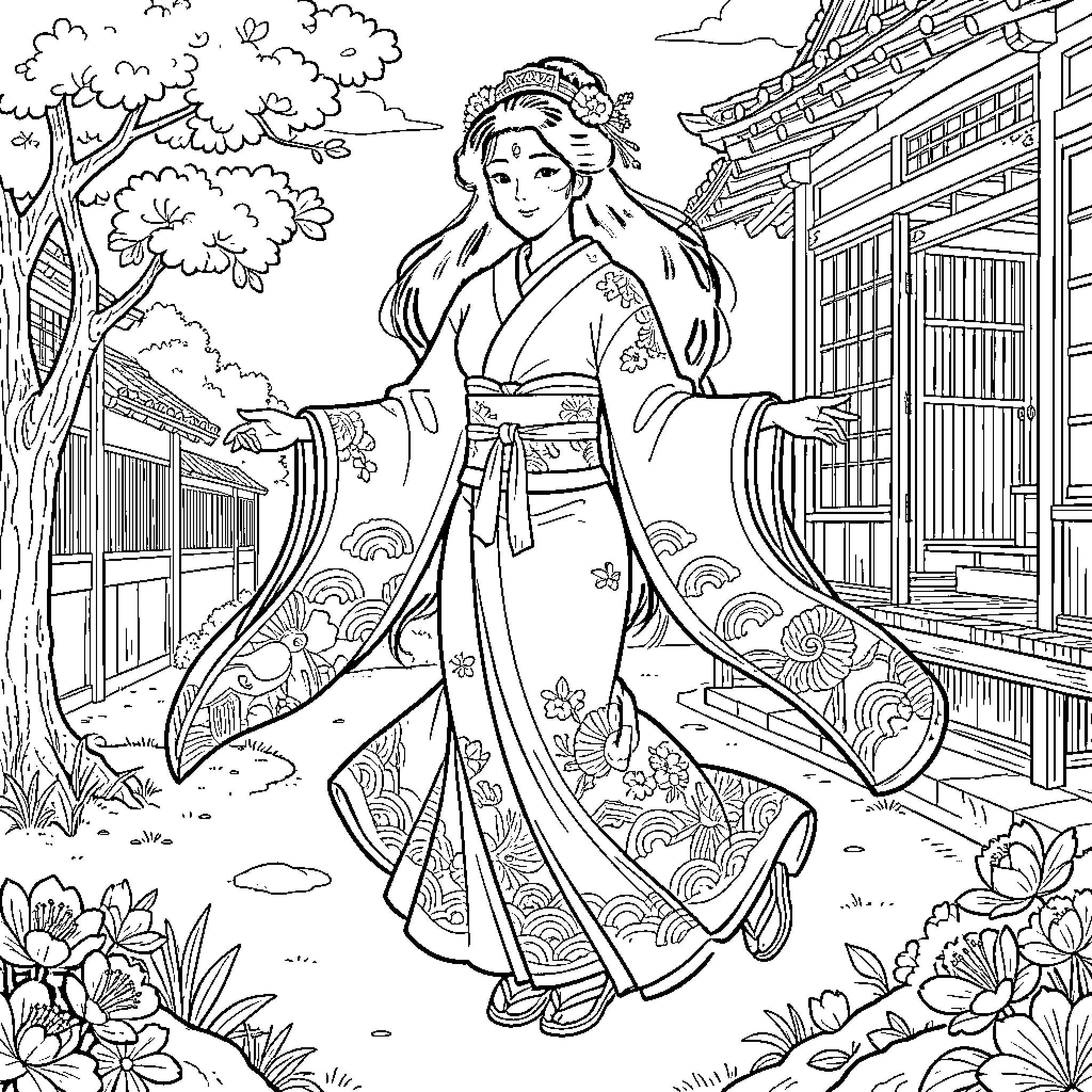 Kingyo woman in traditional kimono posing in garden Coloring Page (free black-and-white line drawing printable PDF for all, from beginners to advanced learners, including children, teens, adults, and seniors)