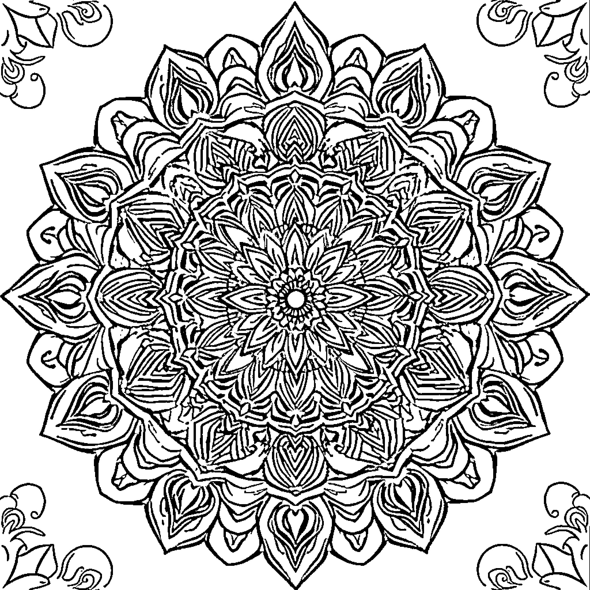 Mandalas of intricate floral designs Coloring Page (free black-and-white line drawing printable PDF for all, from beginners to advanced learners, including children, teens, adults, and seniors)