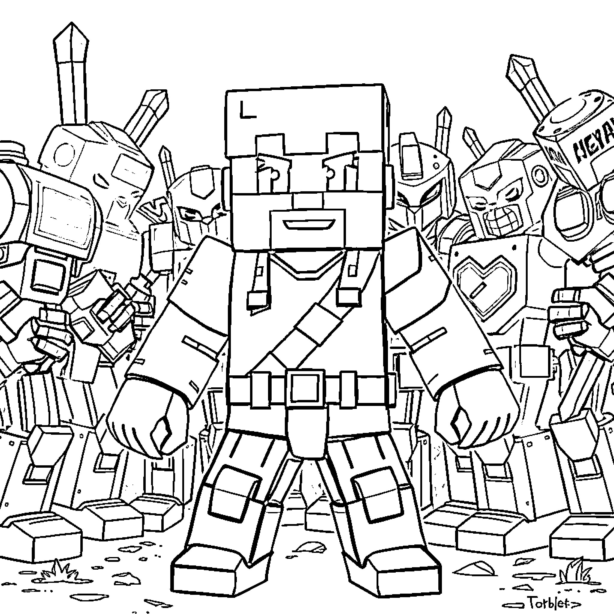 Minecraft Steve battling dangerous mobs in a treacherous world Coloring Page (free black-and-white line drawing printable PDF for all, from beginners to advanced learners, including children, teens, adults, and seniors)