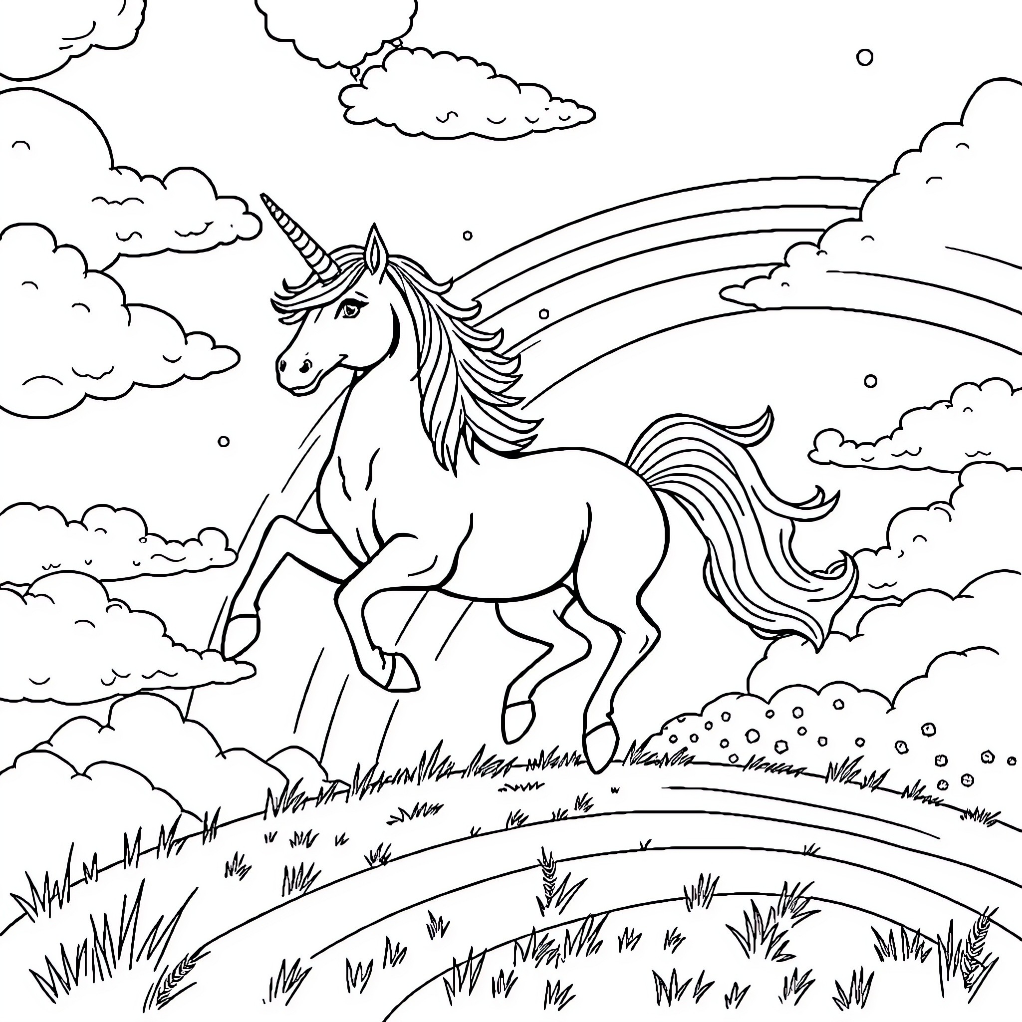 Unicorn running through a mystical landscape Coloring Page (free black-and-white line drawing printable PDF for all, from beginners to advanced learners, including children, teens, adults, and seniors)