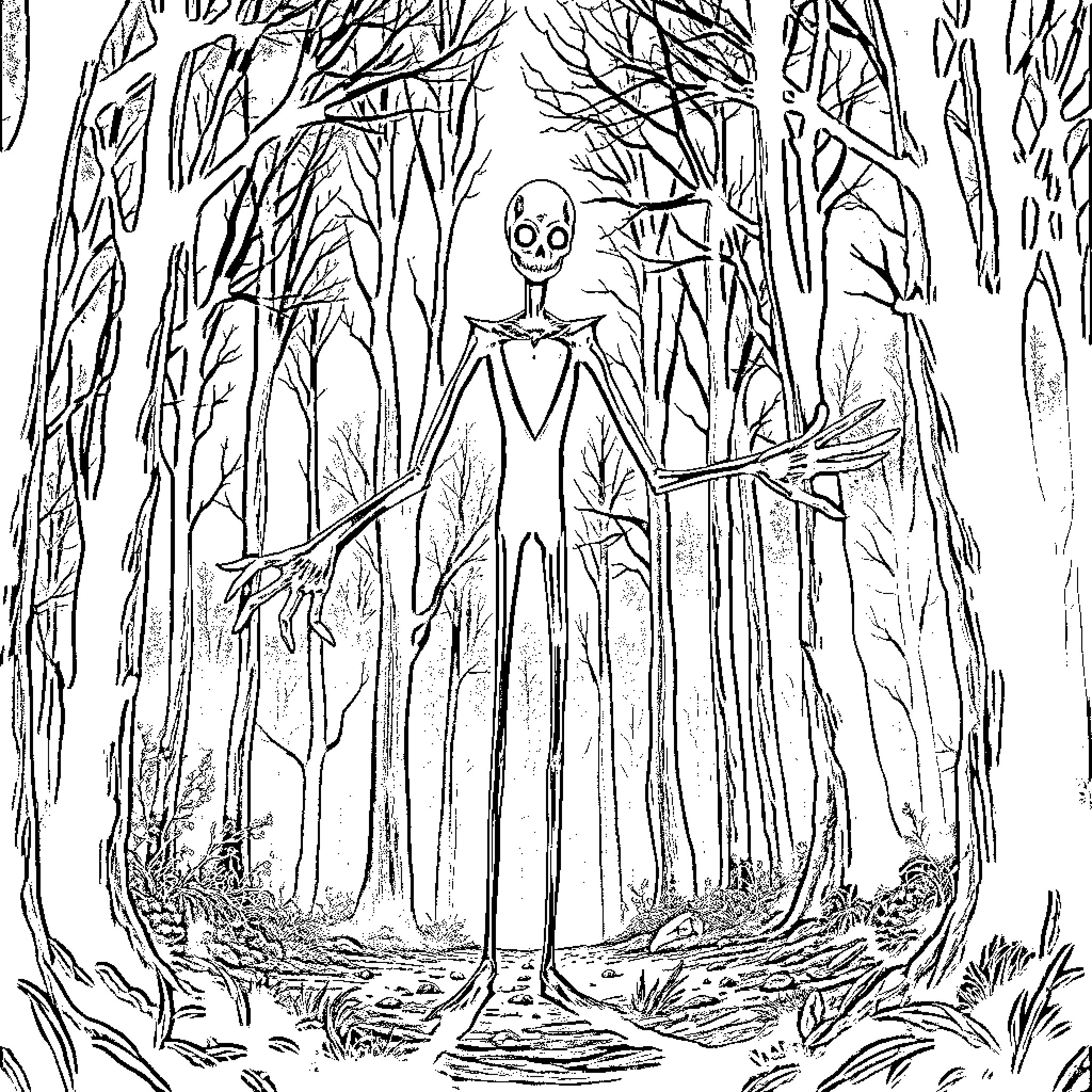 Slenderman in the Eerie Forest Clearing Coloring Page (free black-and-white line drawing printable PDF for all, from beginners to advanced learners, including children, teens, adults, and seniors)