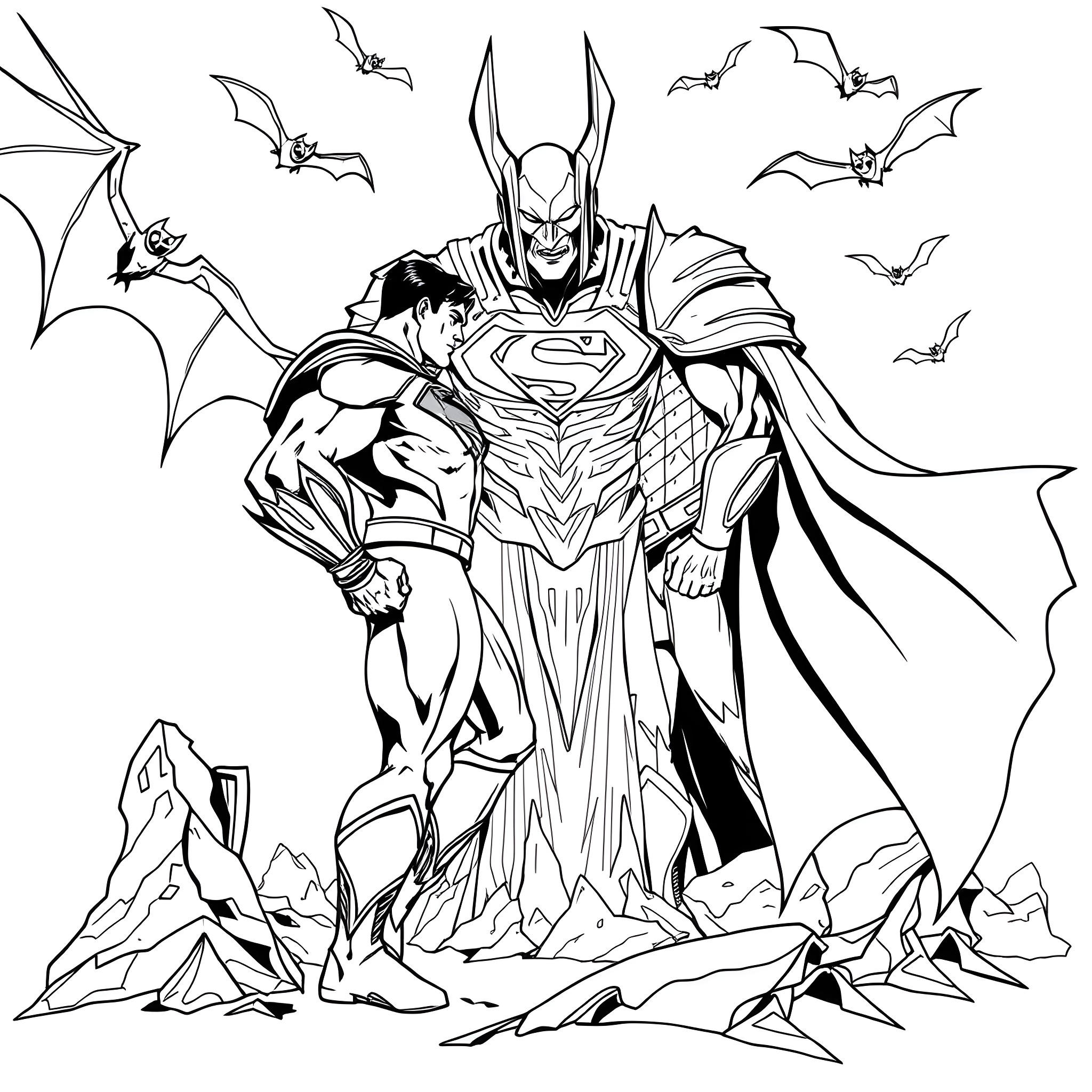 Superman battles fearsome winged creatures Coloring Page (free black-and-white line drawing printable PDF for all, from beginners to advanced learners, including children, teens, adults, and seniors)