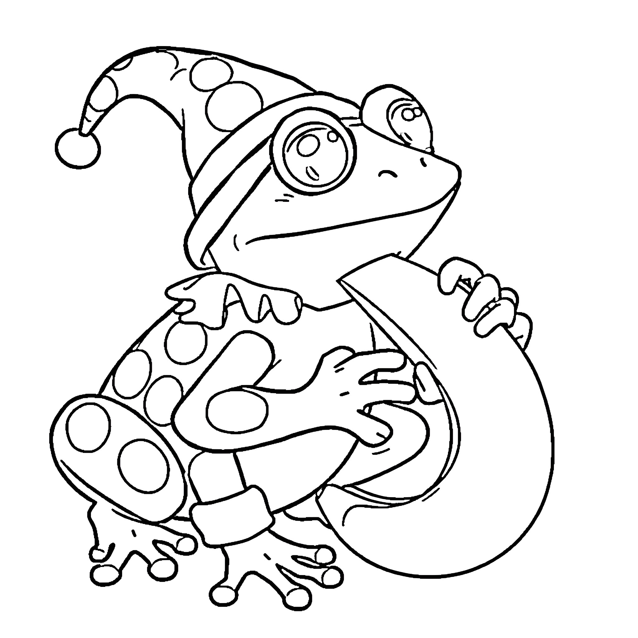 Frog wearing a spotted hat and holding a wand Coloring Page (free black-and-white line drawing printable PDF for all, from beginners to advanced learners, including children, teens, adults, and seniors)