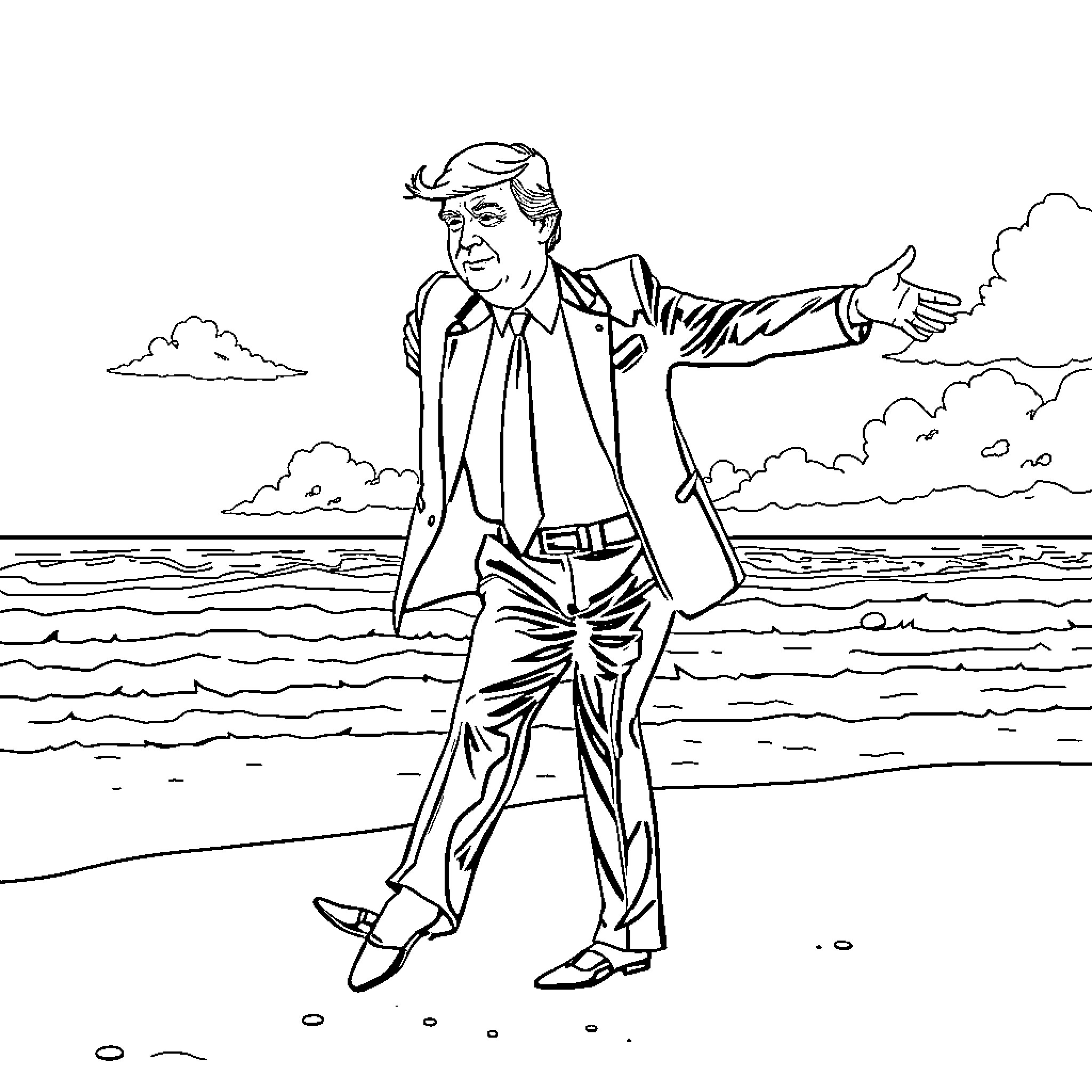Donald Trump gesturing on the beach Coloring Page (free black-and-white line drawing printable PDF for all, from beginners to advanced learners, including children, teens, adults, and seniors)
