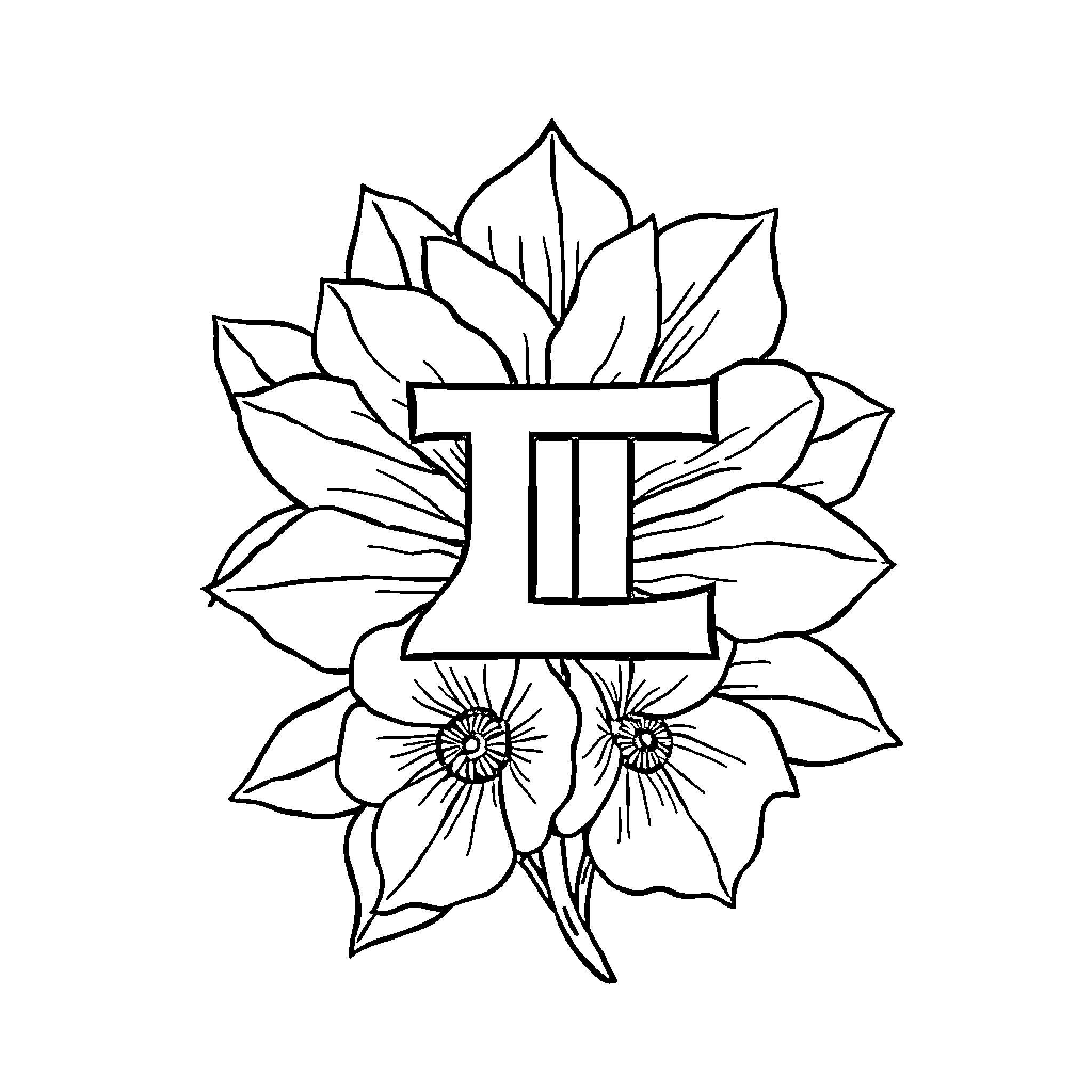 Greek Letter Greek Flower Design Coloring Page (free black-and-white line drawing printable PDF for all, from beginners to advanced learners, including children, teens, adults, and seniors)