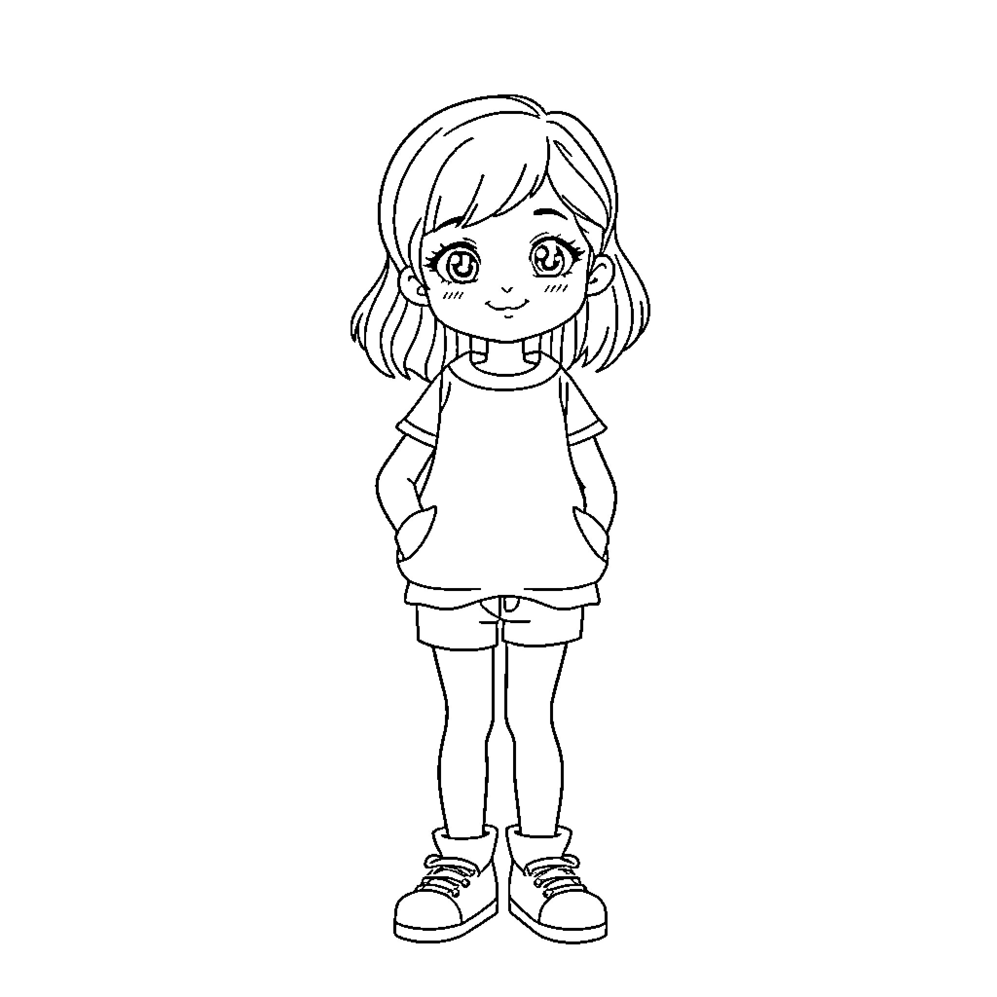 Girl in casual outfit with happy expression Coloring Page (free black-and-white line drawing printable PDF for all, from beginners to advanced learners, including children, teens, adults, and seniors)