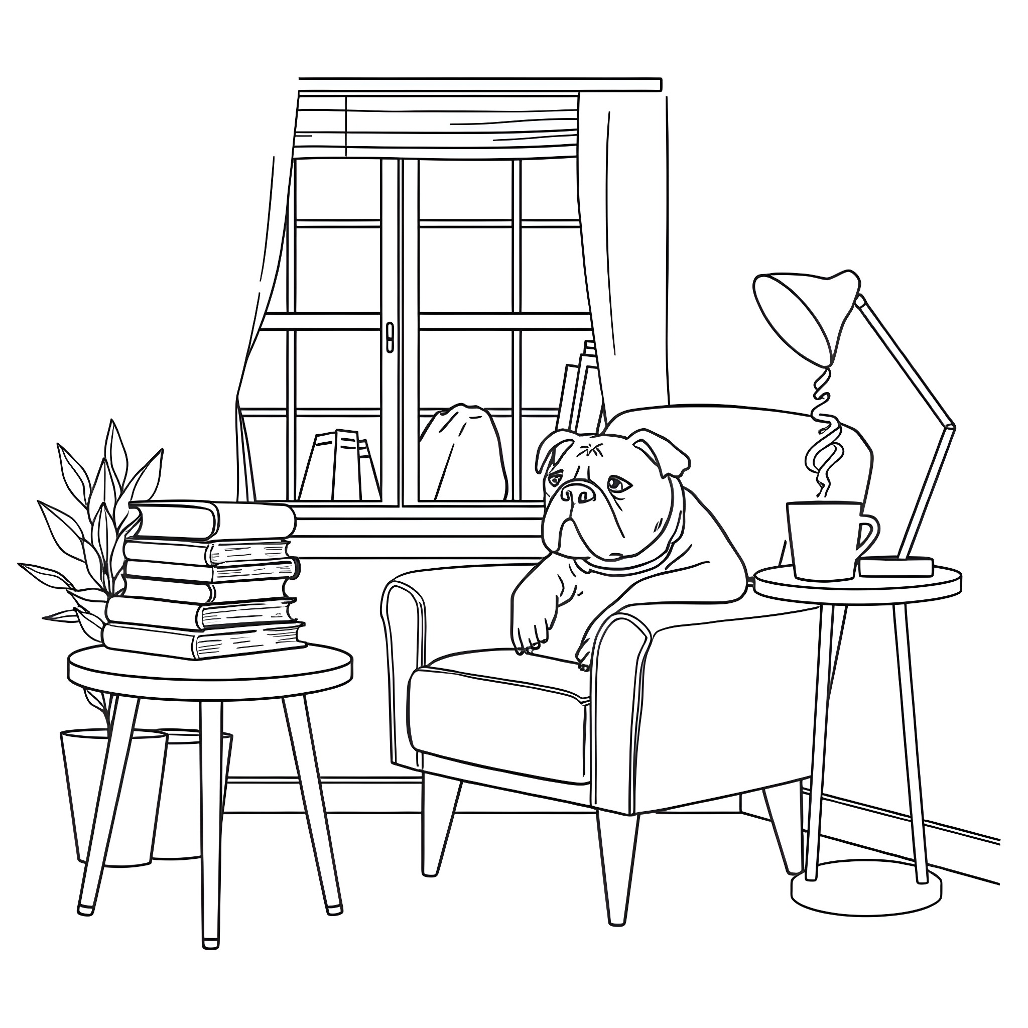 Book with dog resting in cozy home setting Coloring Page (free black-and-white line drawing printable PDF for all, from beginners to advanced learners, including children, teens, adults, and seniors)
