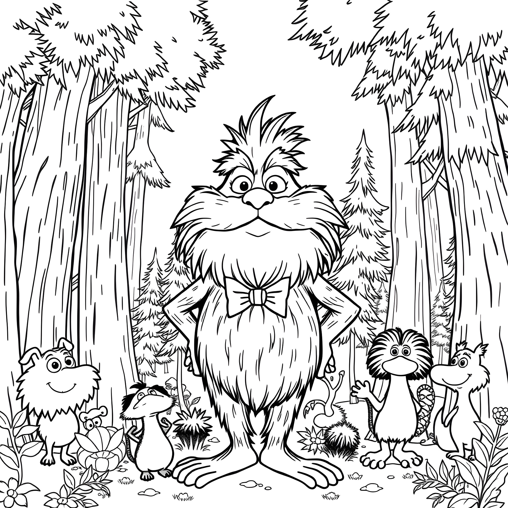 Lorax and his forest friends in black and white Coloring Page (free black-and-white line drawing printable PDF for all, from beginners to advanced learners, including children, teens, adults, and seniors)