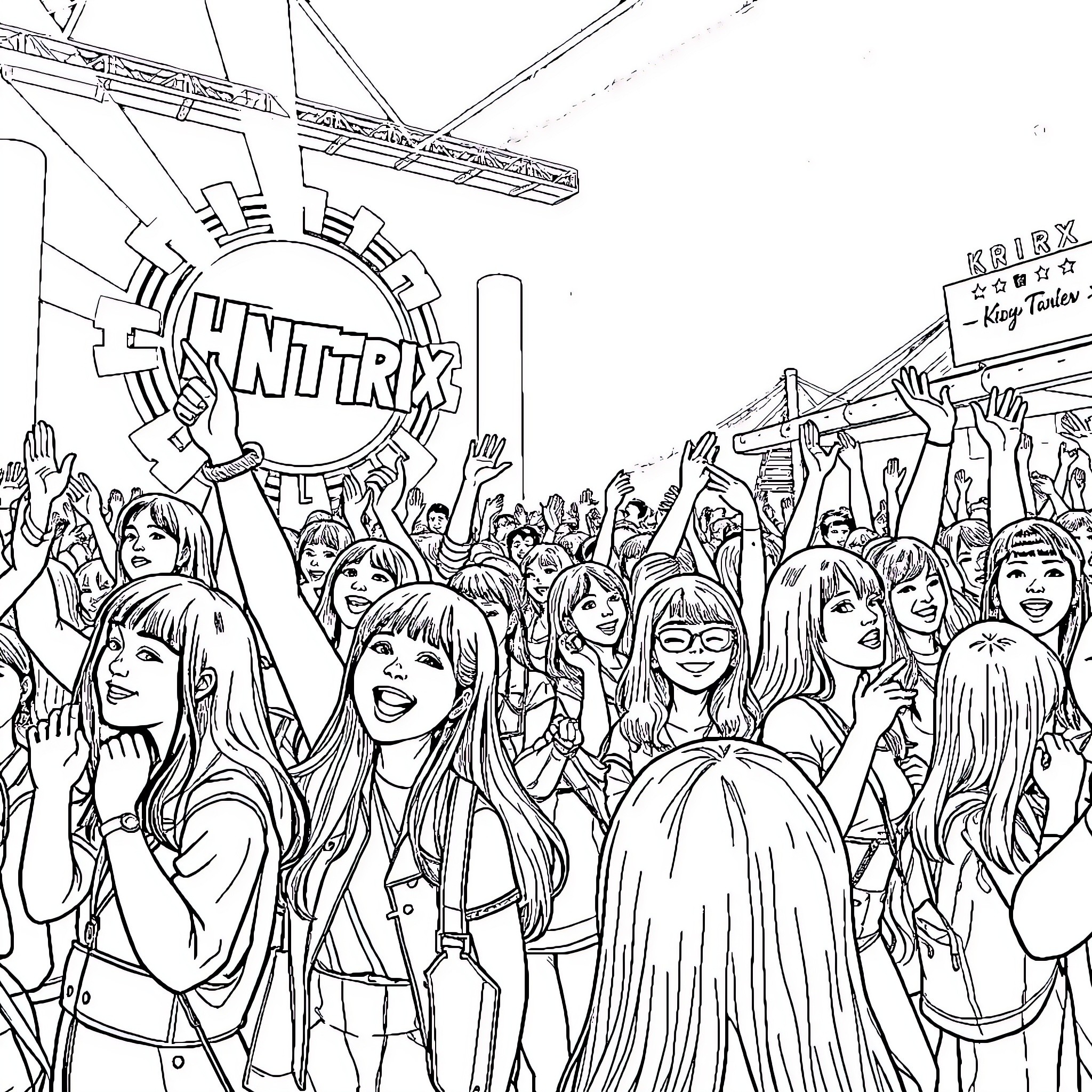 Kpop fans energetically cheering and waving at concert Coloring Page (free black-and-white line drawing printable PDF for all, from beginners to advanced learners, including children, teens, adults, and seniors)
