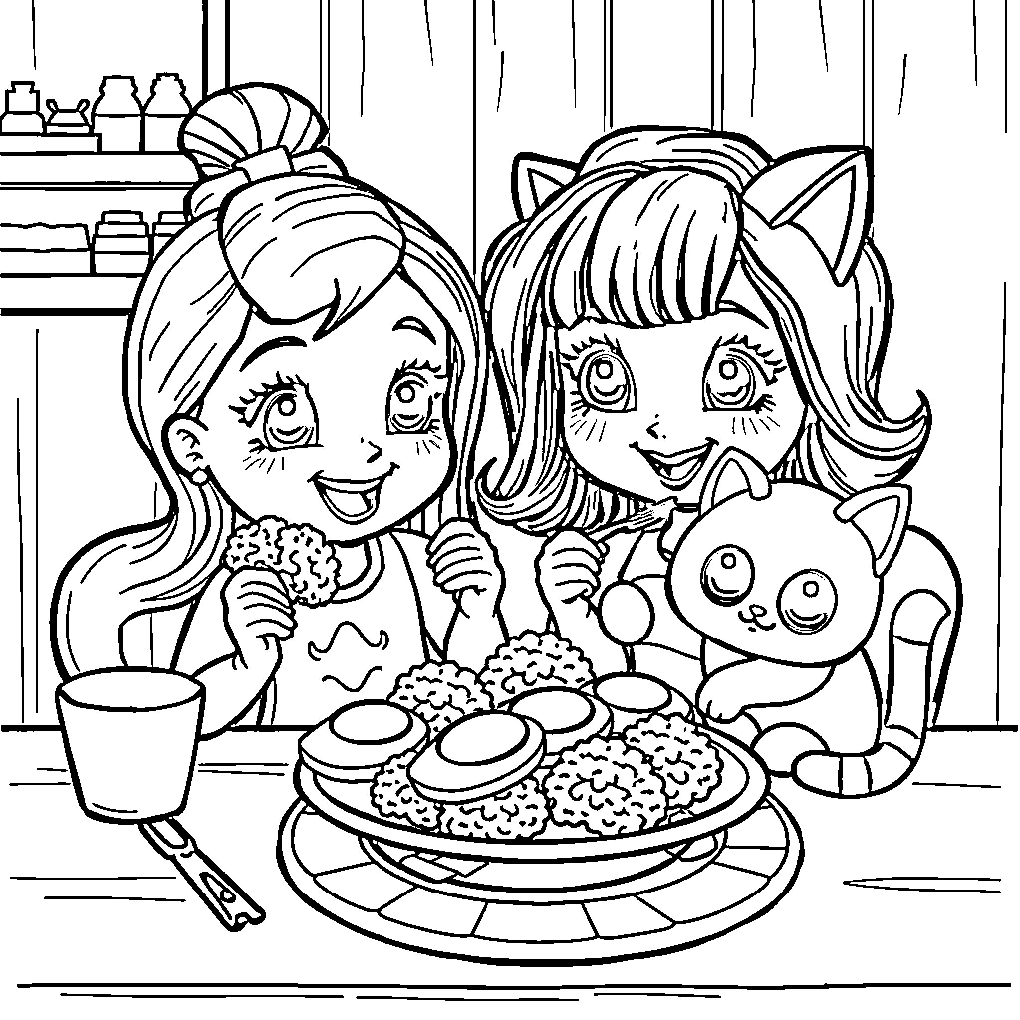 Gabby and Friends Enjoying a Cozy Meal Together Coloring Page (free black-and-white line drawing printable PDF for all, from beginners to advanced learners, including children, teens, adults, and seniors)