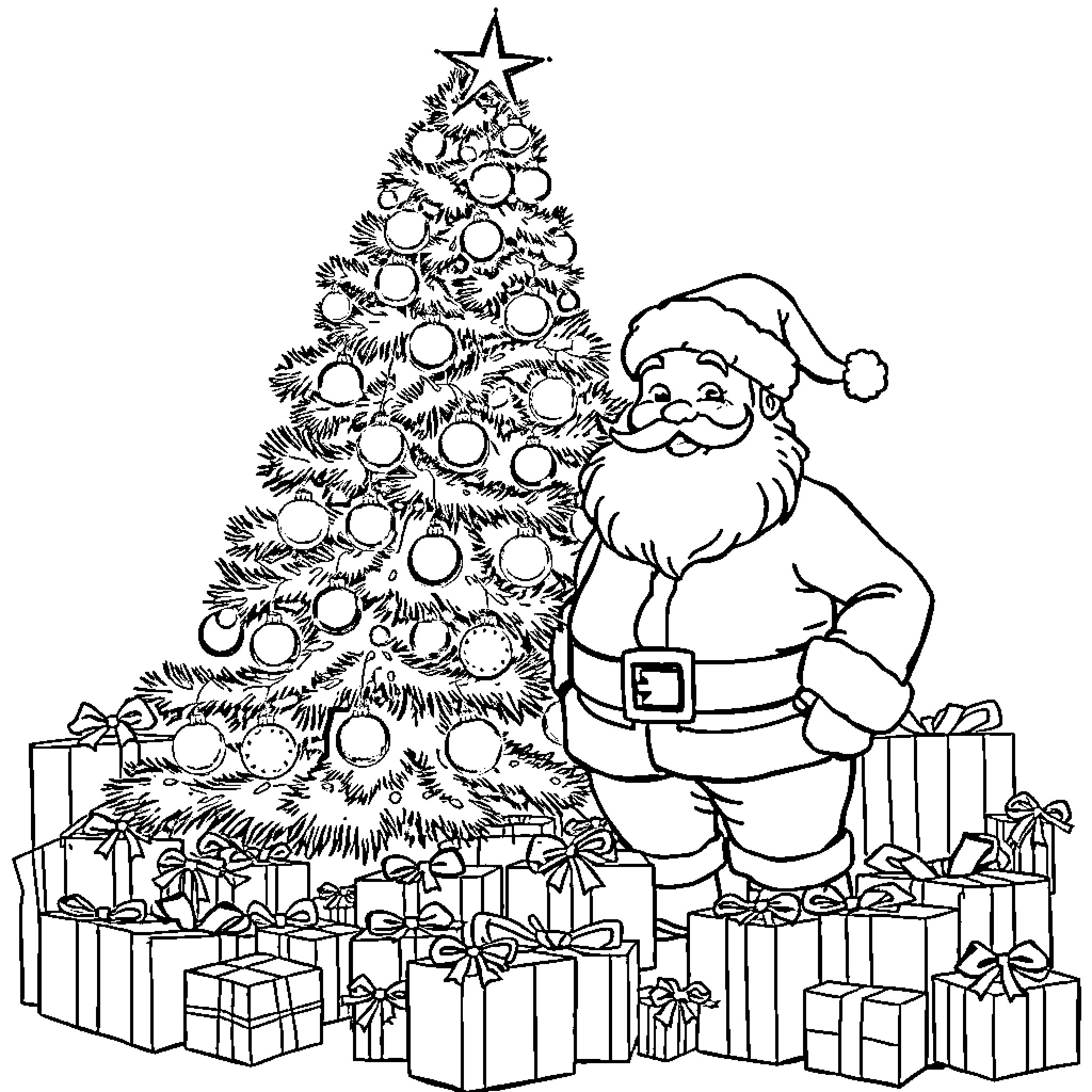 Christmas Tree decorated with Santa Claus and presents Coloring Page (free black-and-white line drawing printable PDF for all, from beginners to advanced learners, including children, teens, adults, and seniors)