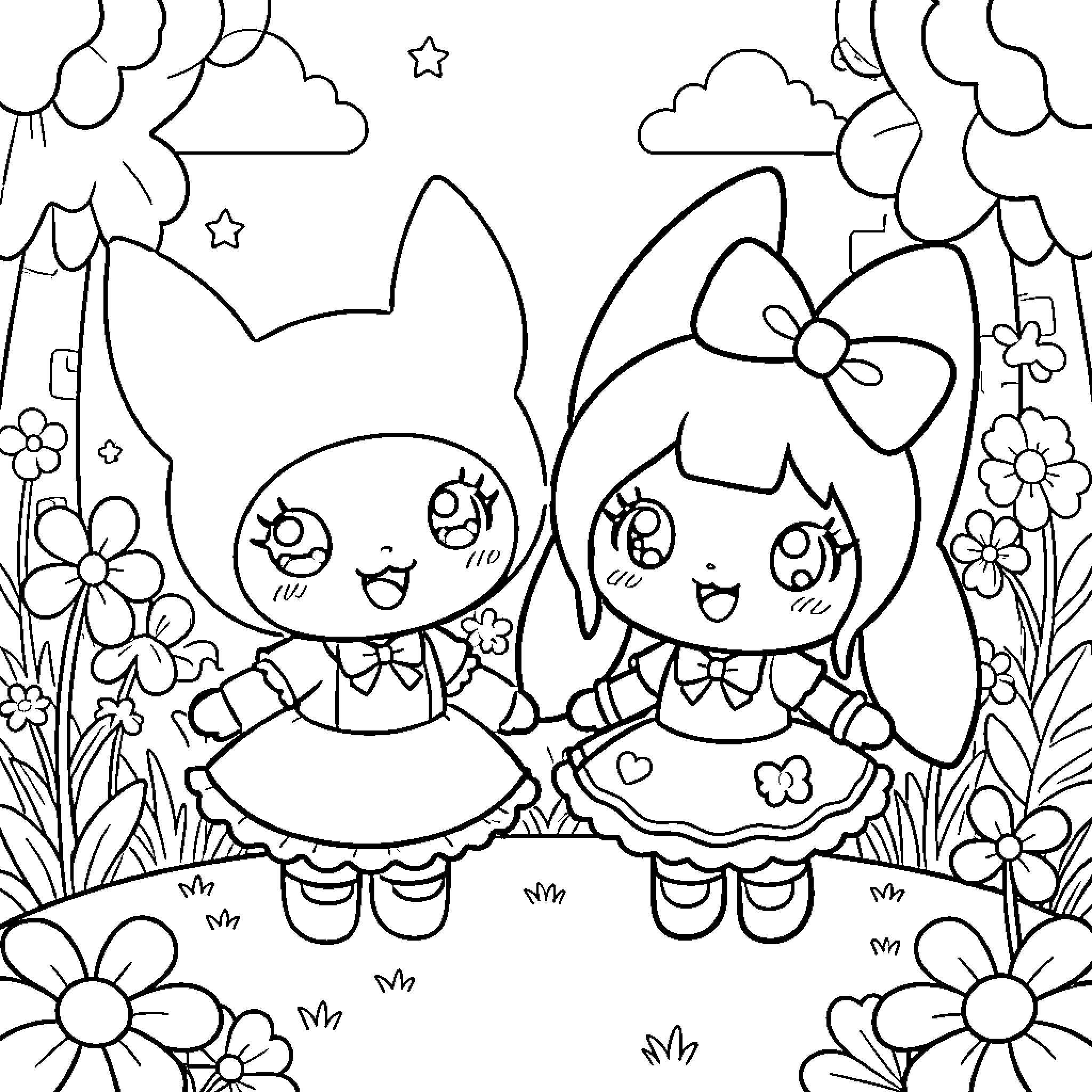 Kuromi and friends in a whimsical garden scene Coloring Page (free black-and-white line drawing printable PDF for all, from beginners to advanced learners, including children, teens, adults, and seniors)