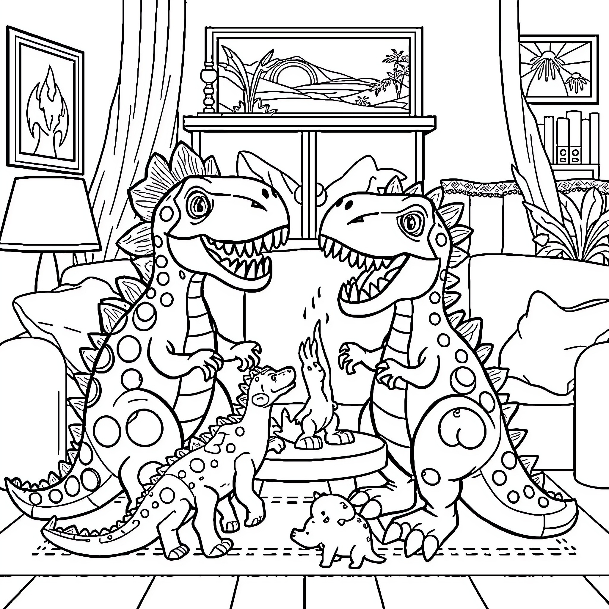 Bluey's Dinosaur Adventure in the Living Room Coloring Page (free black-and-white line drawing printable PDF for all, from beginners to advanced learners, including children, teens, adults, and seniors)