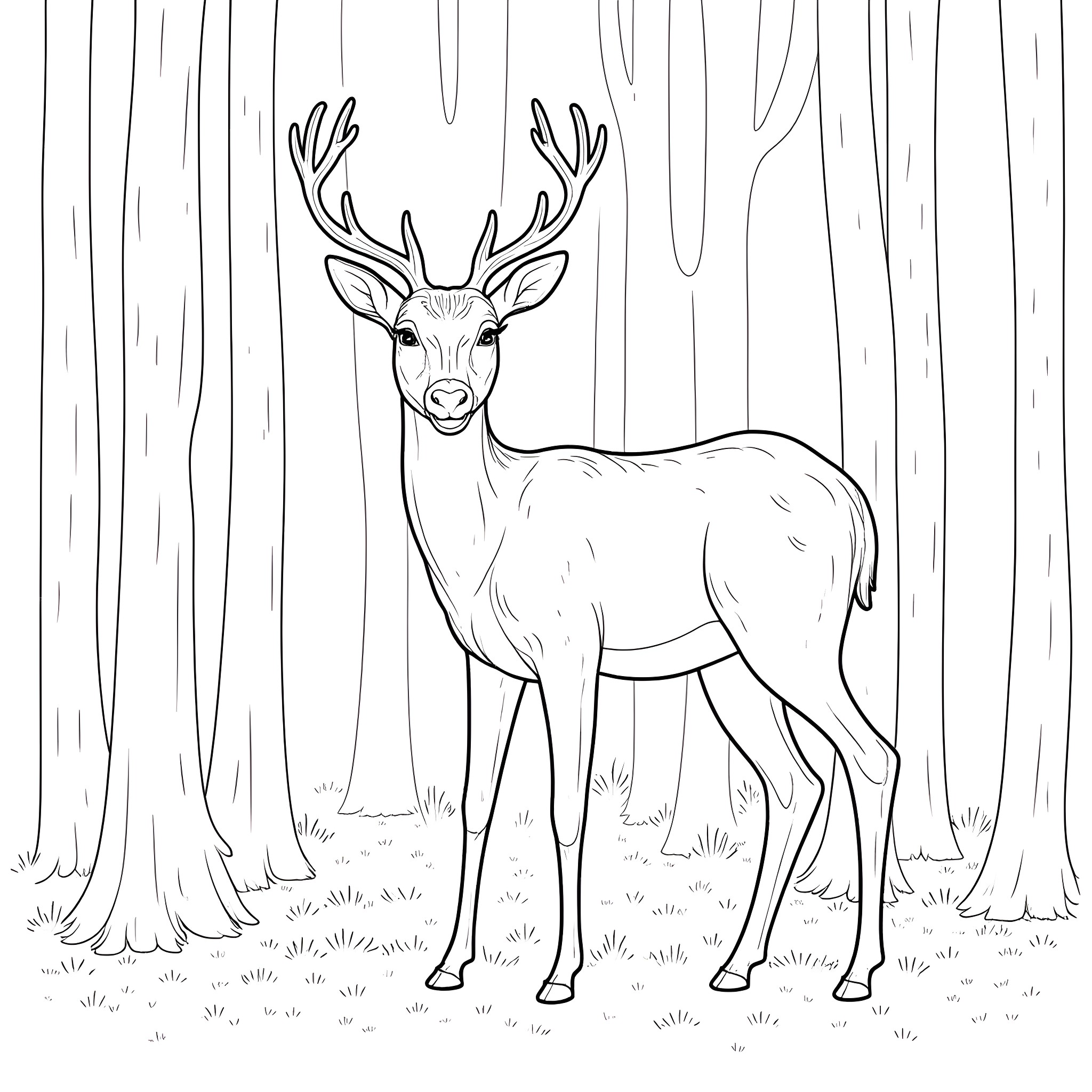 Deer standing in a forest Coloring Page (free black-and-white line drawing printable PDF for all, from beginners to advanced learners, including children, teens, adults, and seniors)