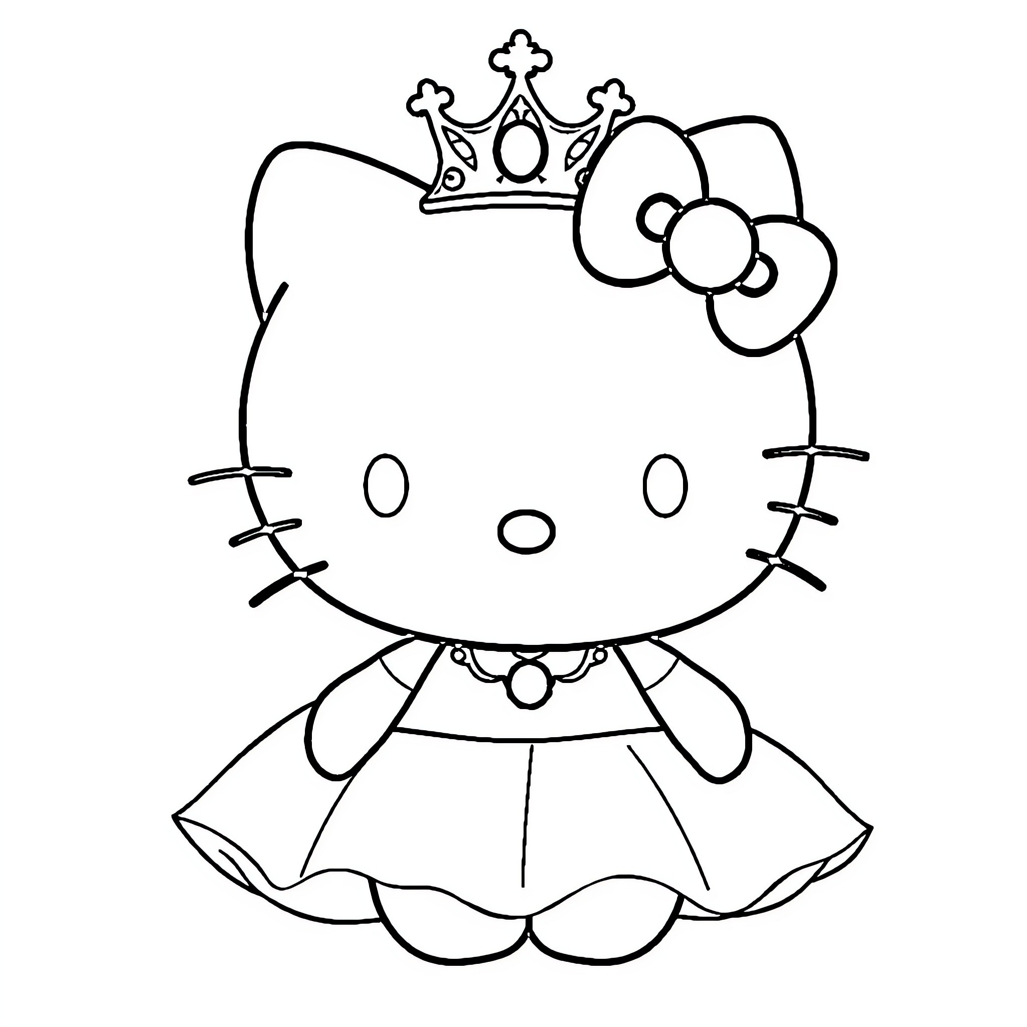 Hello Kitty dressed as a princess Coloring Page (free black-and-white line drawing printable PDF for all, from beginners to advanced learners, including children, teens, adults, and seniors)