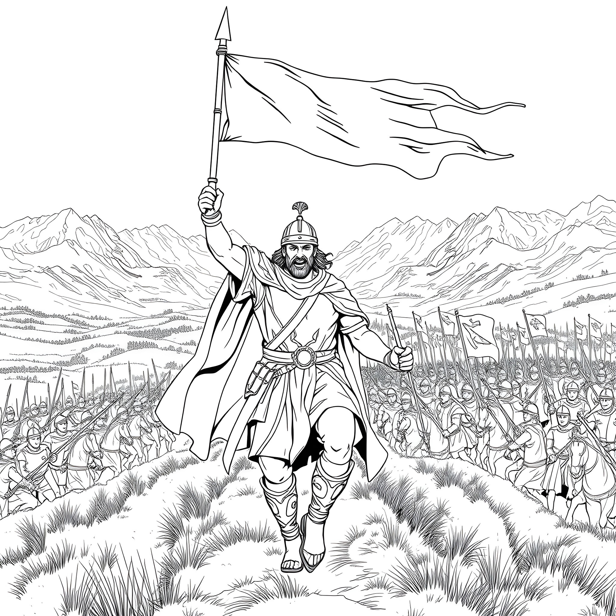 Conquest of the Mountain Kingdom Coloring Page (free black-and-white line drawing printable PDF for all, from beginners to advanced learners, including children, teens, adults, and seniors)