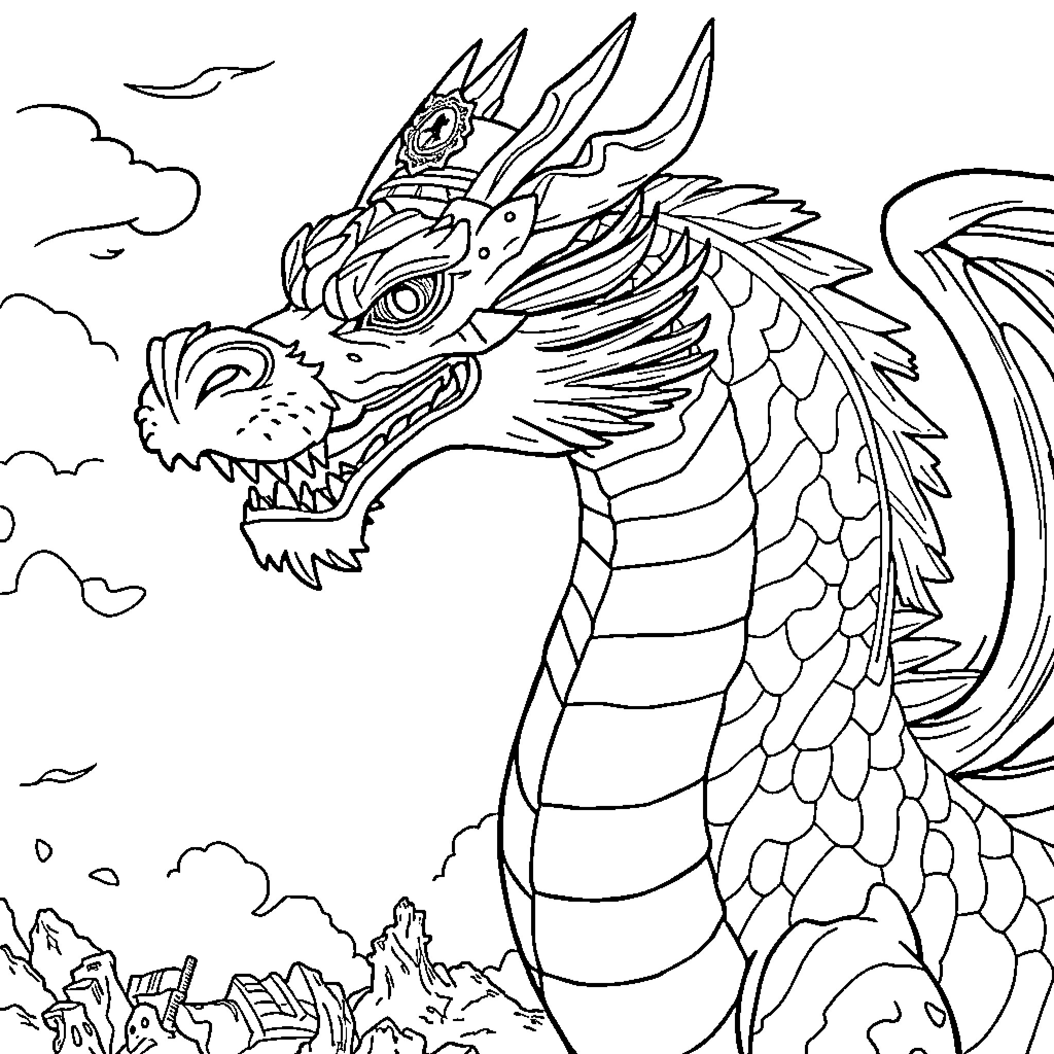 Dragon soaring majestically through the sky Coloring Page (free black-and-white line drawing printable PDF for all, from beginners to advanced learners, including children, teens, adults, and seniors)