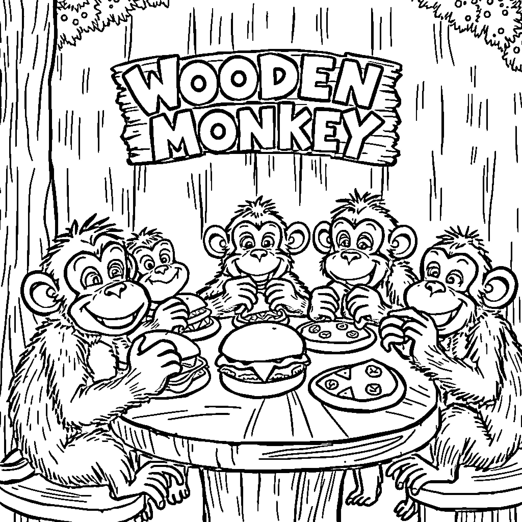 Monkeys enjoying a wooden feast Coloring Page (free black-and-white line drawing printable PDF for all, from beginners to advanced learners, including children, teens, adults, and seniors)